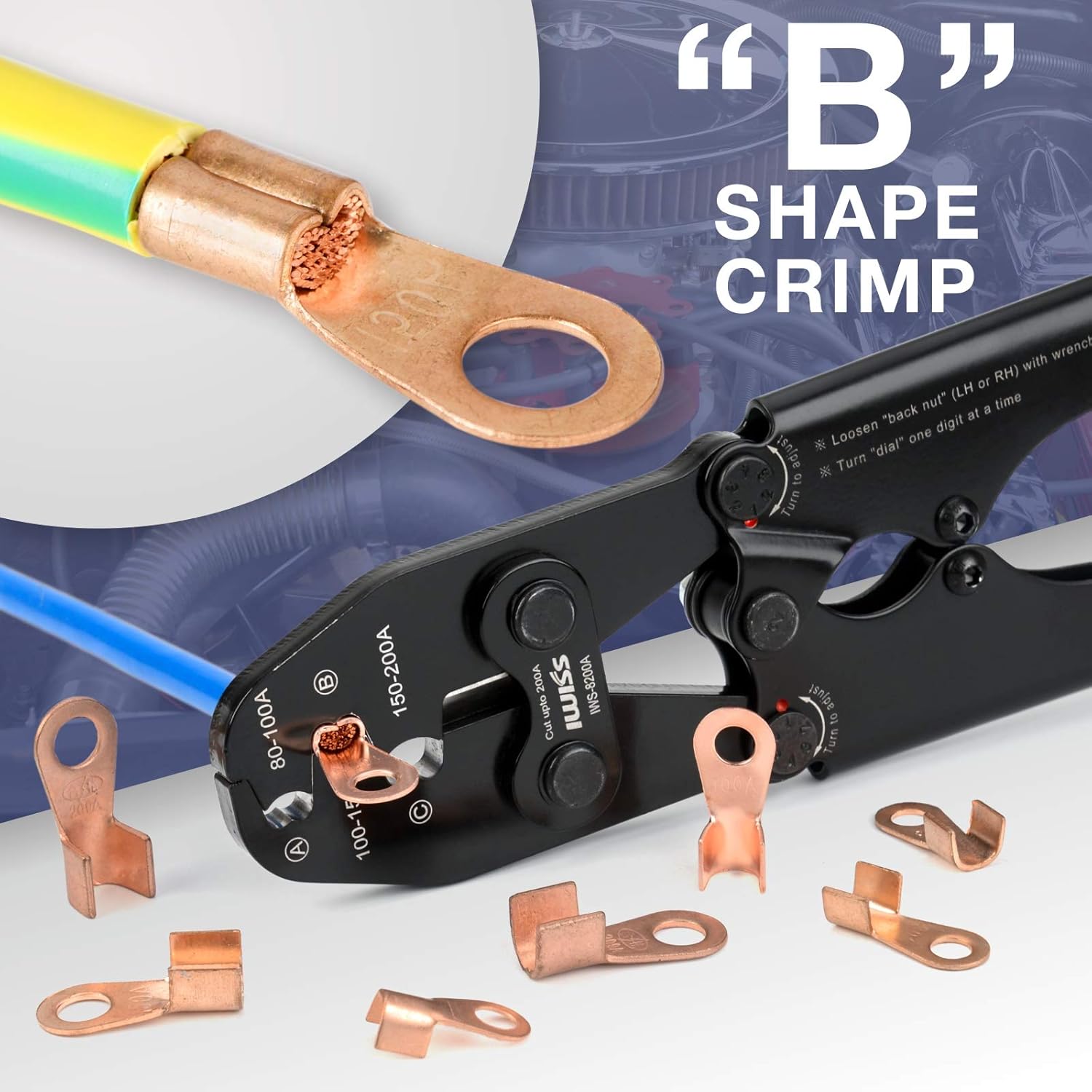 IWISS Battery Cable Lug Crimping Tool for Open Barrel Lug,Lead-Free OEM Battery Terminals,B Type Crimper for AWG 16-4