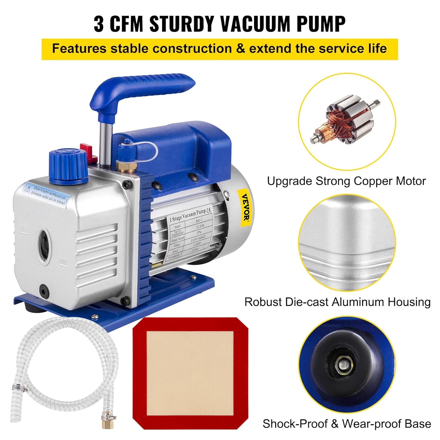 VEVOR 3CFM Vacuum Pump Single Stage 3CFM HVAC Vacuum Pump 3CFM 1/4HP Vacuum Pump Air Conditioning with 1 Gallon Vacuum Degassing Chamber Vacume Chamber and Pump