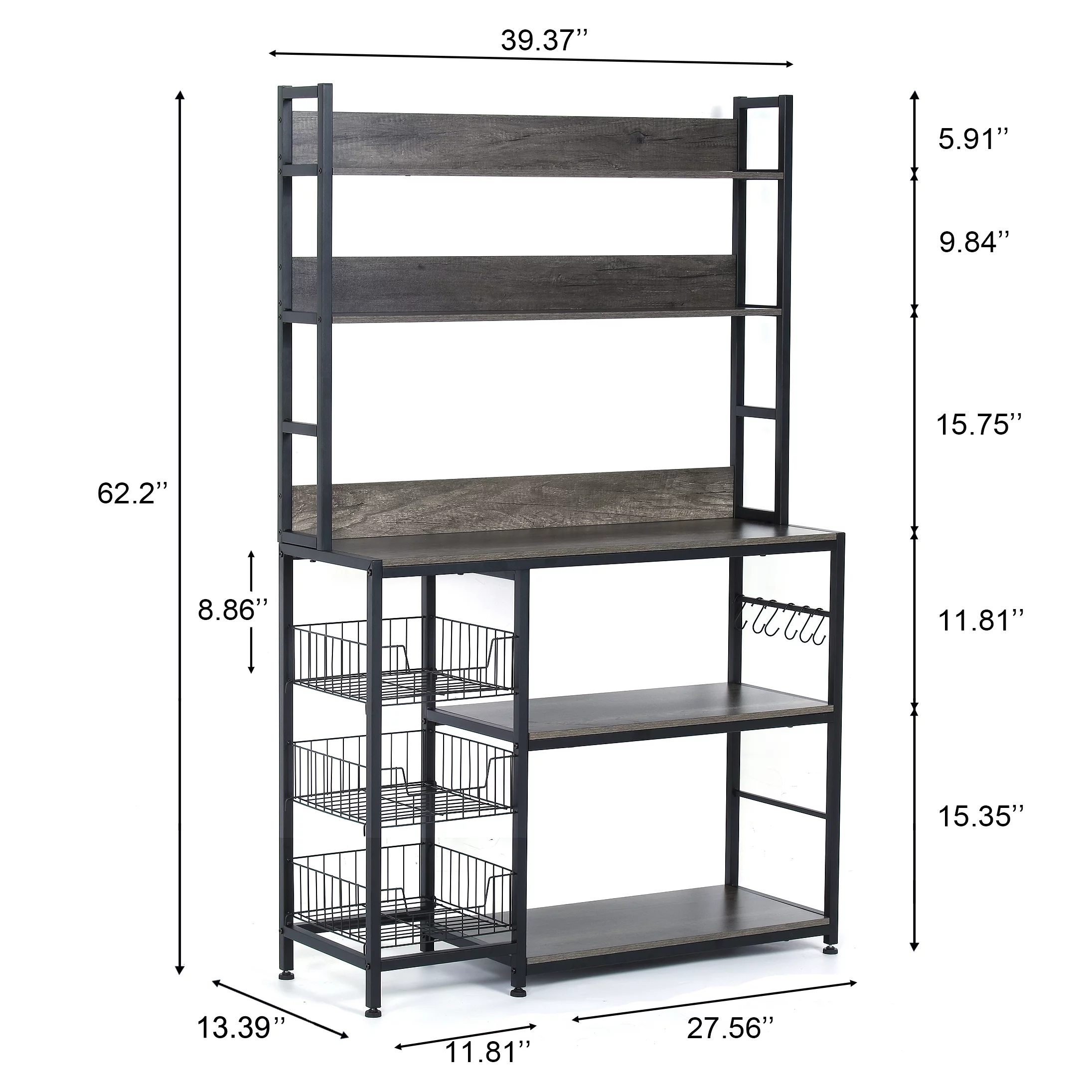 NAIYUFA Kitchen Bakers Rack with Baskets,5-Tier Utility Storage Wood Shelf with Hooks, Microwave Oven Stand Rack,Vintage Grey