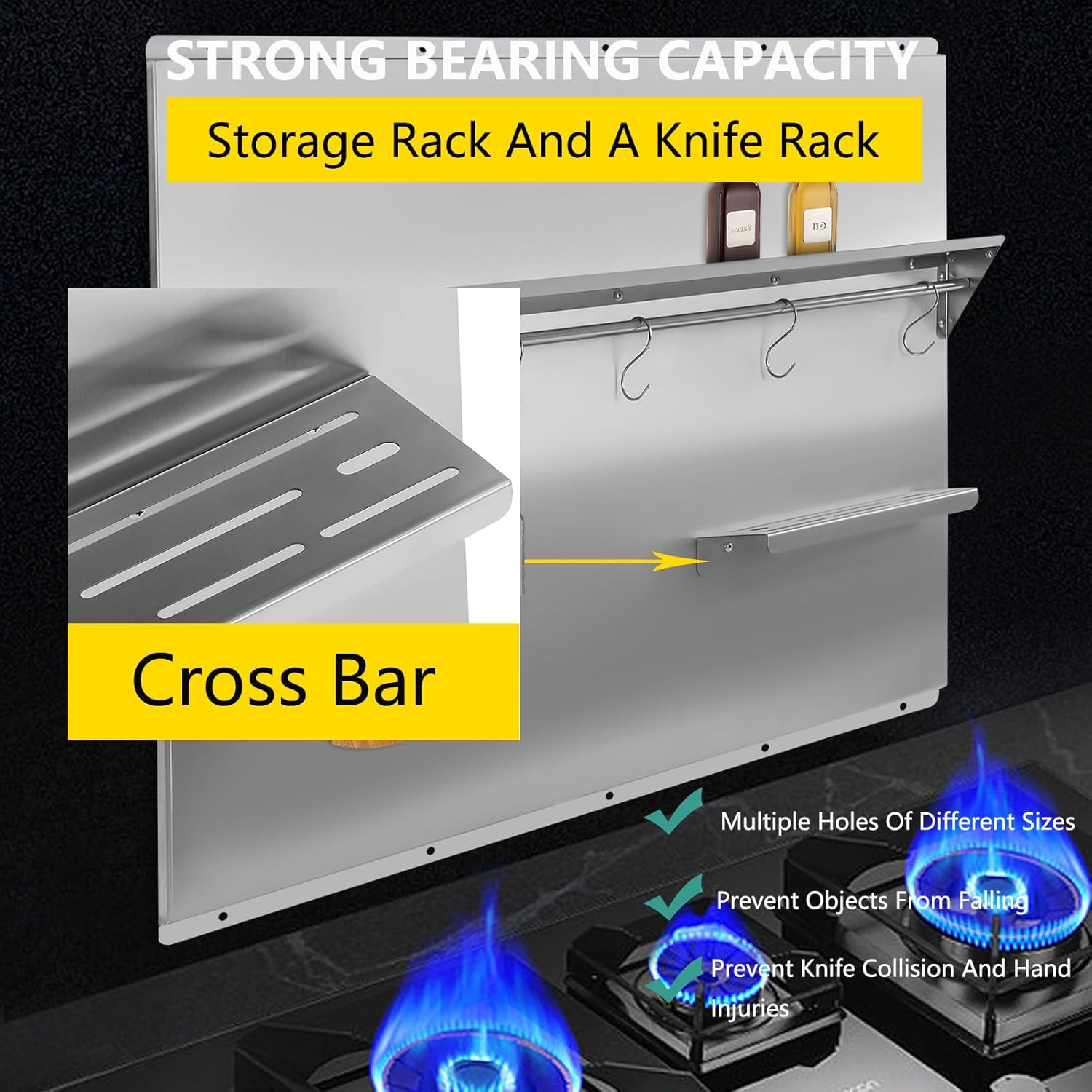 Range Backsplash with Shelf 36x 29.5 Inch Range Hood Wall Shield, Stainless Steel Backsplash Silver Splash Plate for Range Hood Stainless Backsplash with Built-in Storage Shelf and Hanging Rack