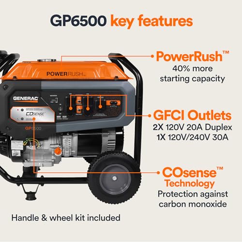 Generac GP8000E 8,000-Watt Gas-Powered Portable Generator - Electric Start, CO-Sense, CARB Compliant - Reliable Power for Emergencies & Recreation