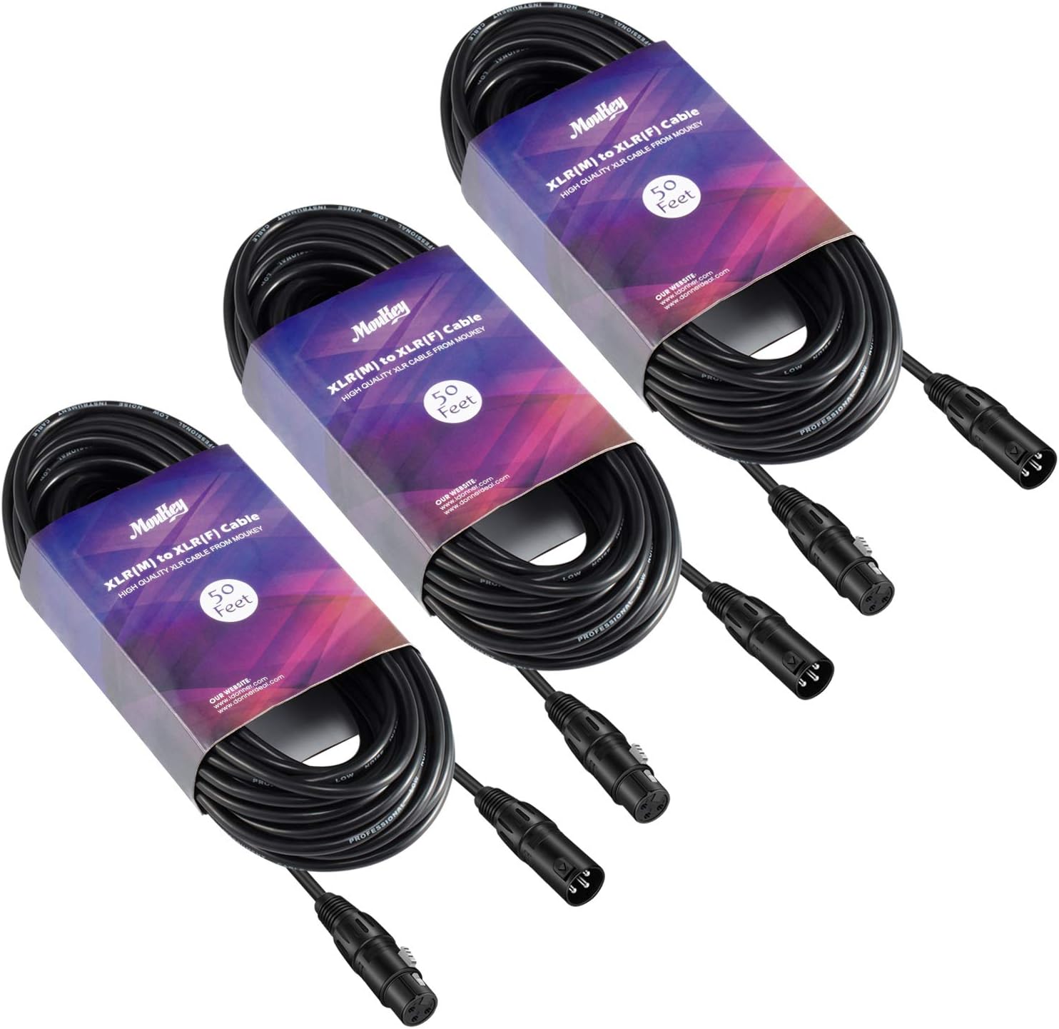 Moukey, 50ft XLR 50 Feet Microphone Male to Female Mic Cables Cord, Black 3-Pack