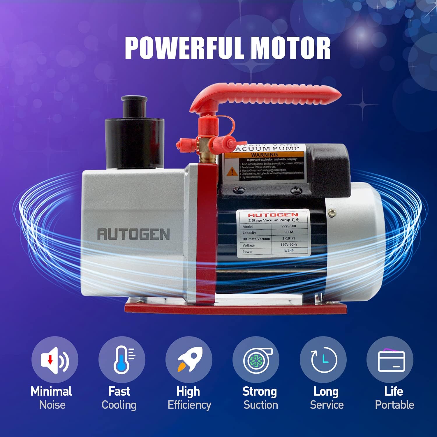 AUTOGEN 2-Stage Air Vacuum Pump 5CFM 3/4HP 0.3 Pa for HVAC/AUTO AC Refrigerant Recharging, Degassing Wine, Milking Cow, Food Processing