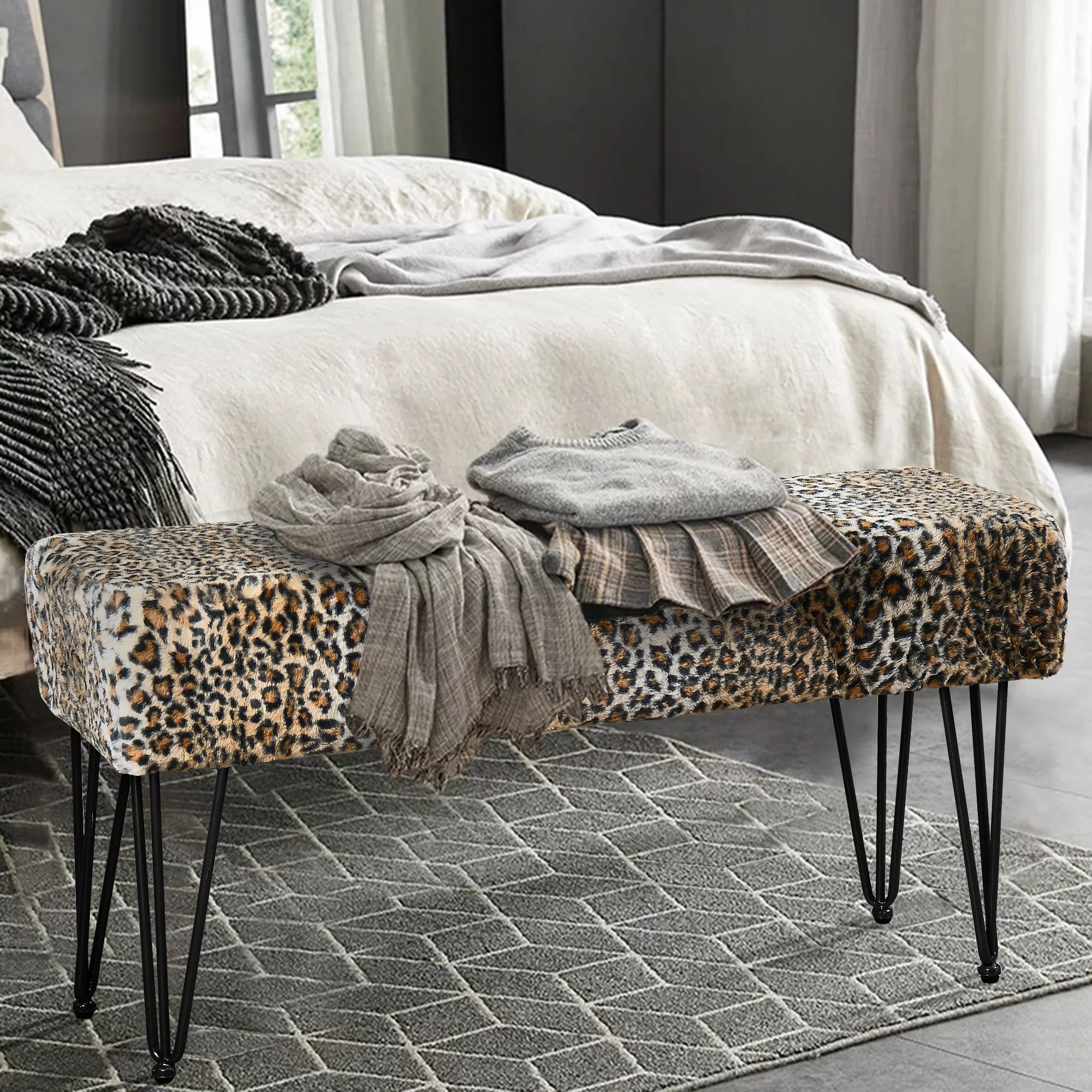 Home Soft Things Faux Fur Ottoman- Leopard - Black Leg - 46x16x22"