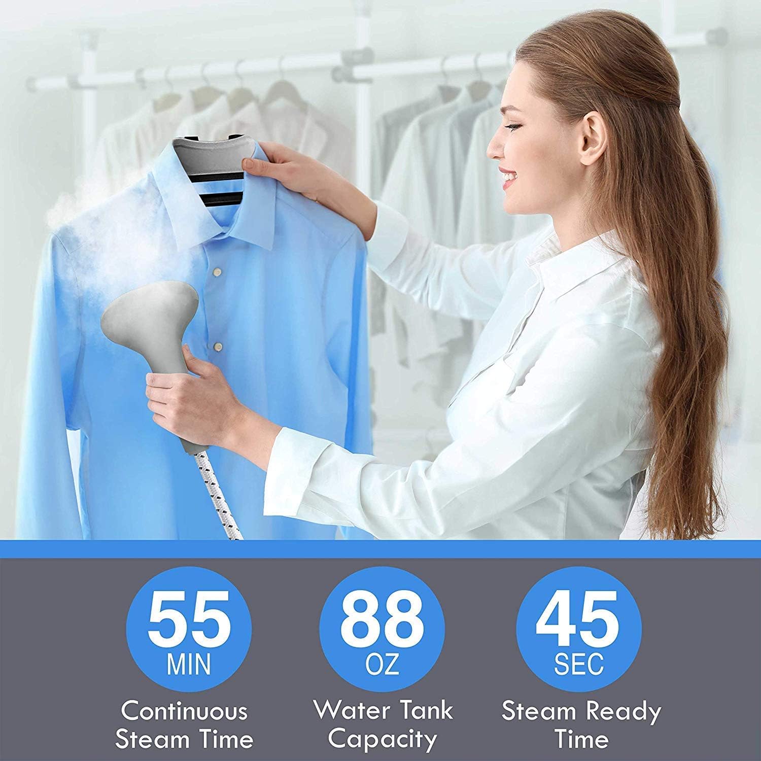 PurSteam World's Best Steamers Garment Steamer Professional Heavy Duty Industry Leading 2.5 Liter (85 fl.oz.) Water Tank, 60+min of Continuous Steam with 4 Level Steam Adjustment