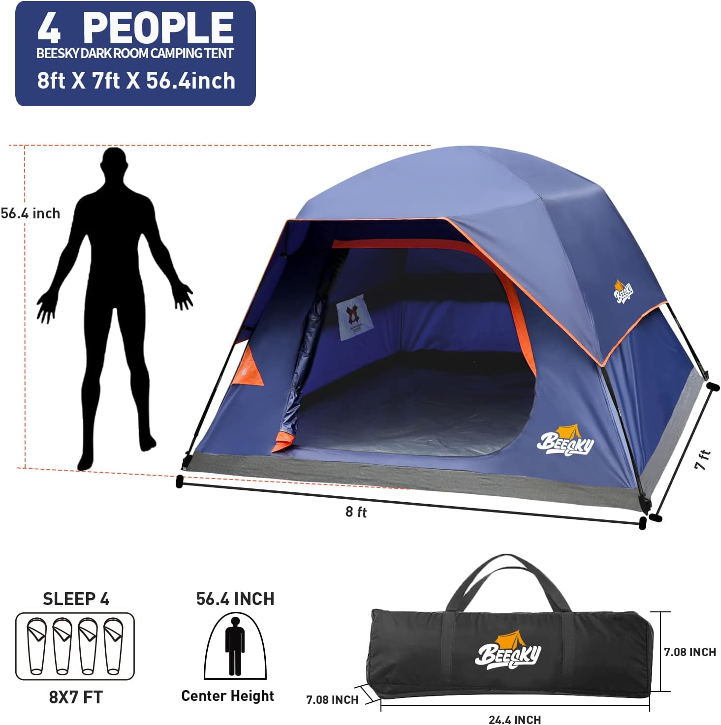 Beesky Waterproof Camping Tents 4 Person Windproof Family Tent with Removable Top Rain-Fly, Large Mesh Windows, Easy Set Up, Portable Carry Bag