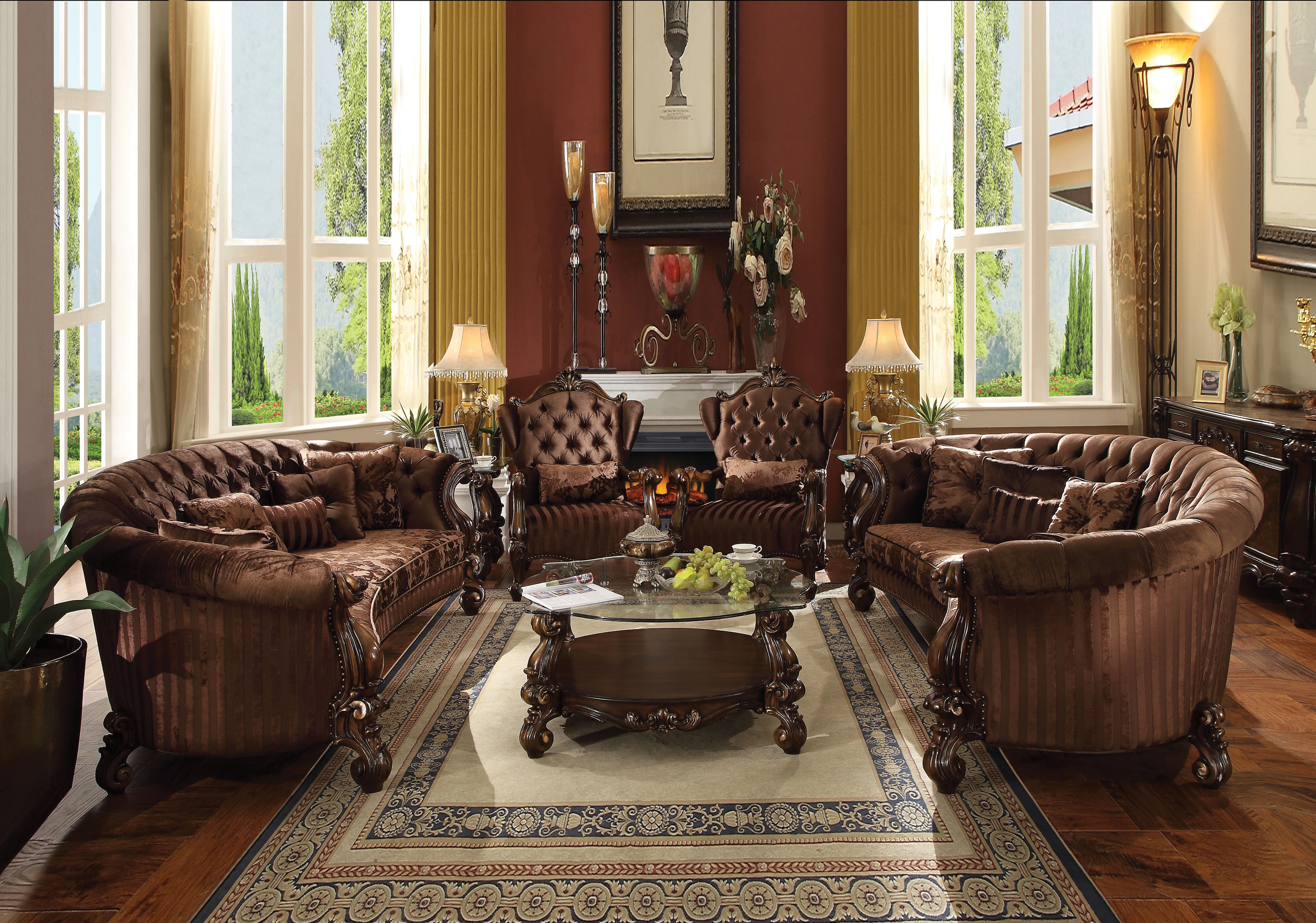 ACME Versailles Sofa with 5 Pillows in Brown Velvet and Cherry Oak