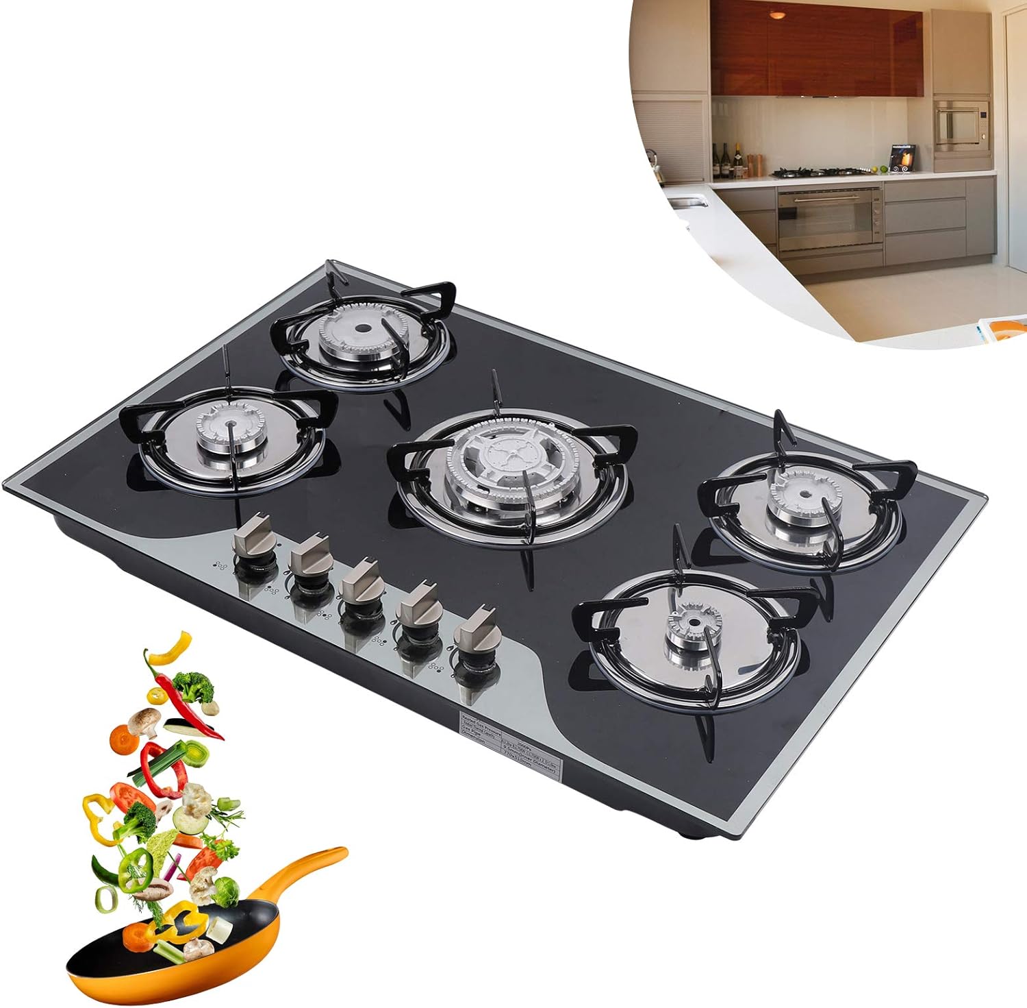 30in Stainless Steel Cook Top Built-in Kitchen Cooker 5 Burners Stove LPG/NG Gas Cooker Hob,for kitchen apartments, indoor use