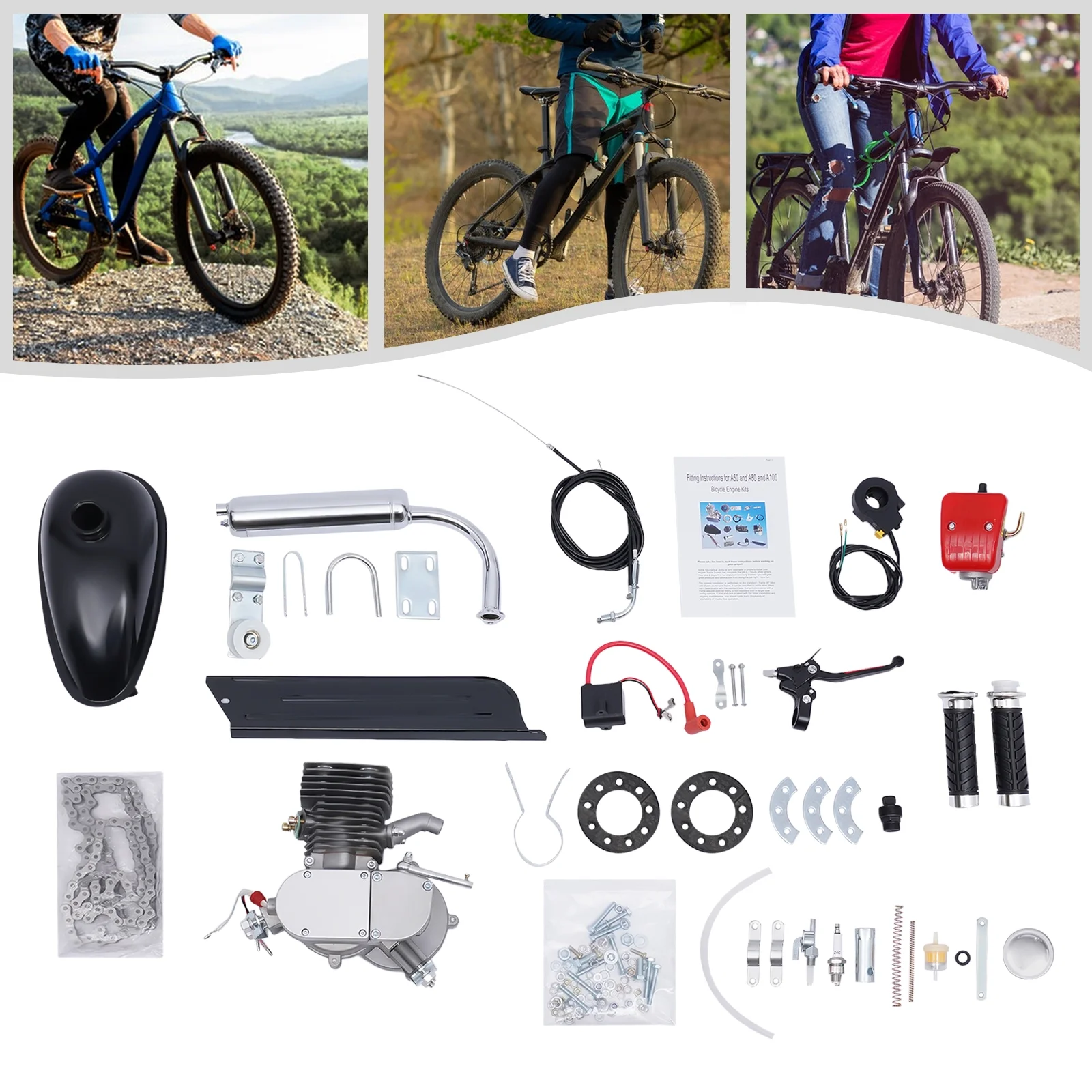 Bike Engine Kit, 100cc 2 Stroke Full Set Bike Bicycle Motorized Petrol Gas Motor Engine Set for Most 26 /28 Bikes (36 Tooth) - Curated Treasures Market
