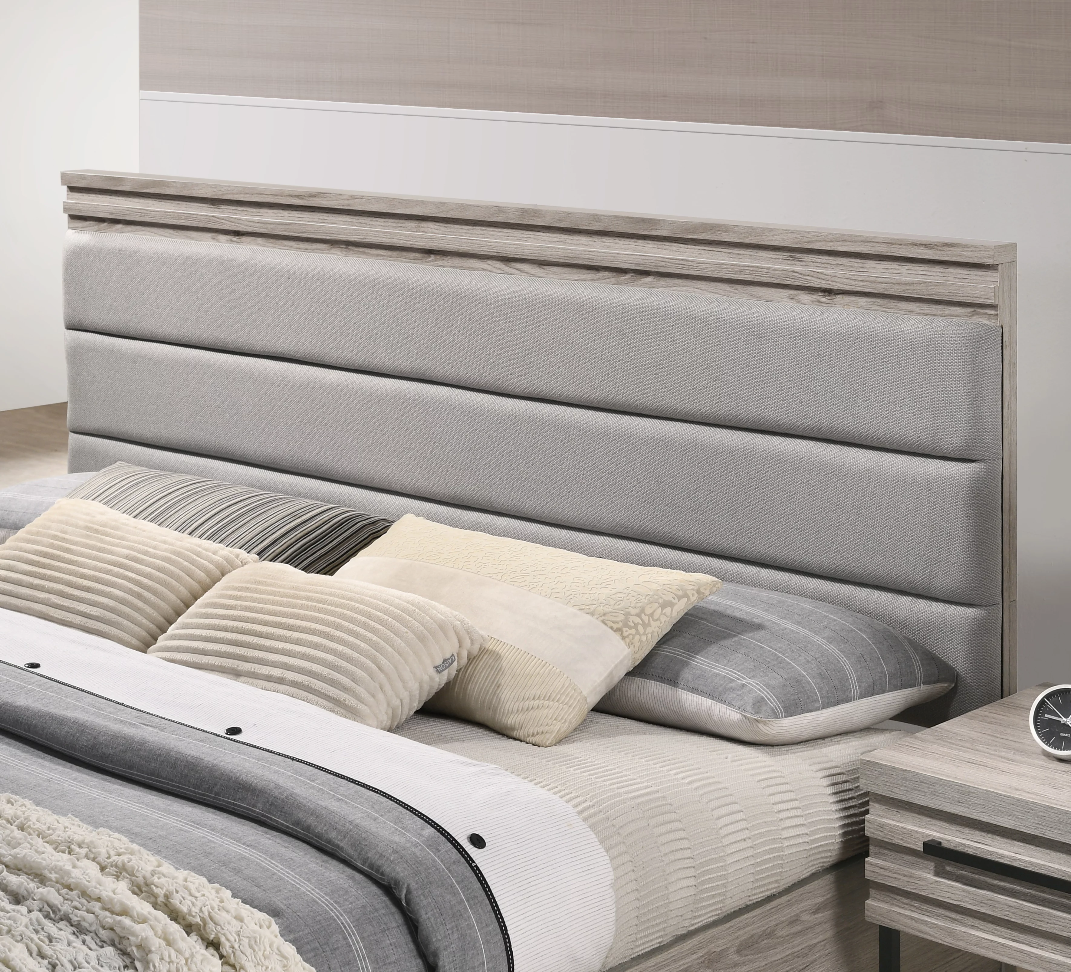 Roundhill Furniture Alvear Upholstered Wood Wallbed Bed with White LED Lights, 2 Nightstands, Weathered Gray, King