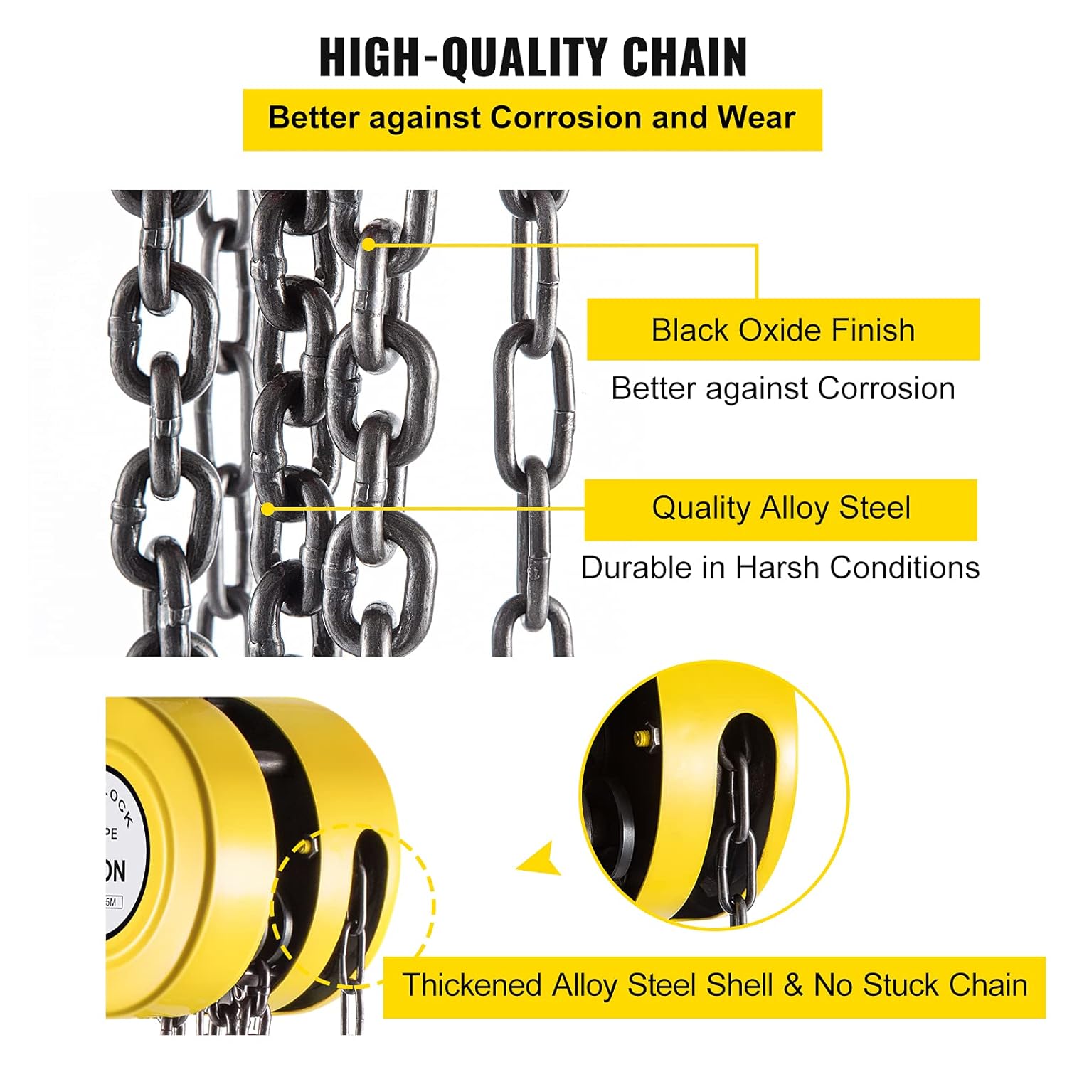 VEVOR Hand Chain Hoist, 2200 lbs /1 Ton Capacity Chain Block, 15ft/4.5m Lift Manual Hand Chain Block, Manual Hoist w/Industrial-Grade Steel Construction for Lifting Good in Transport & Workshop, Yell Pack of 2