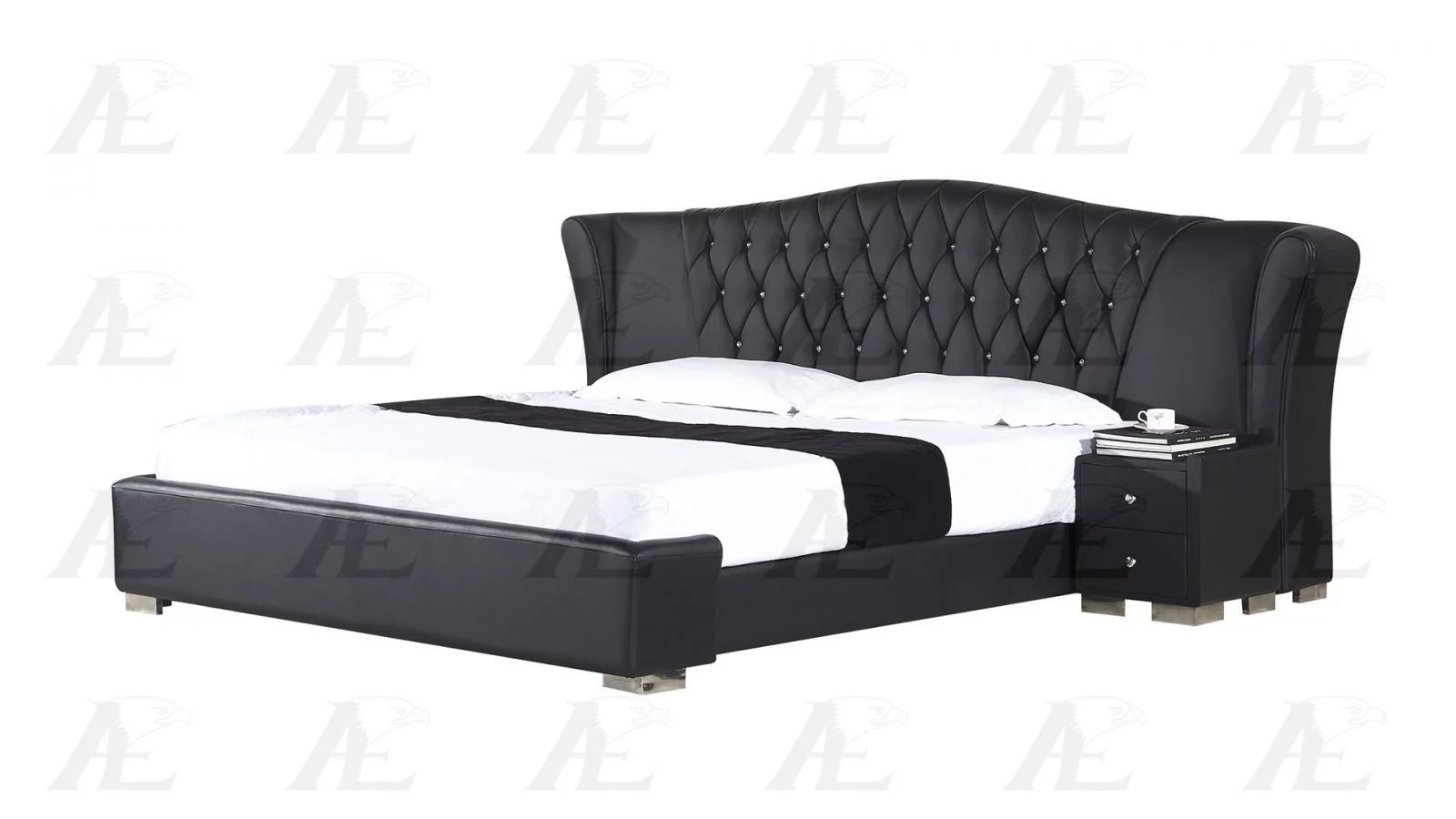 Black PU Cal King Size Bed and 2 Nightstands Set 3Pcs American Eagle B-D028