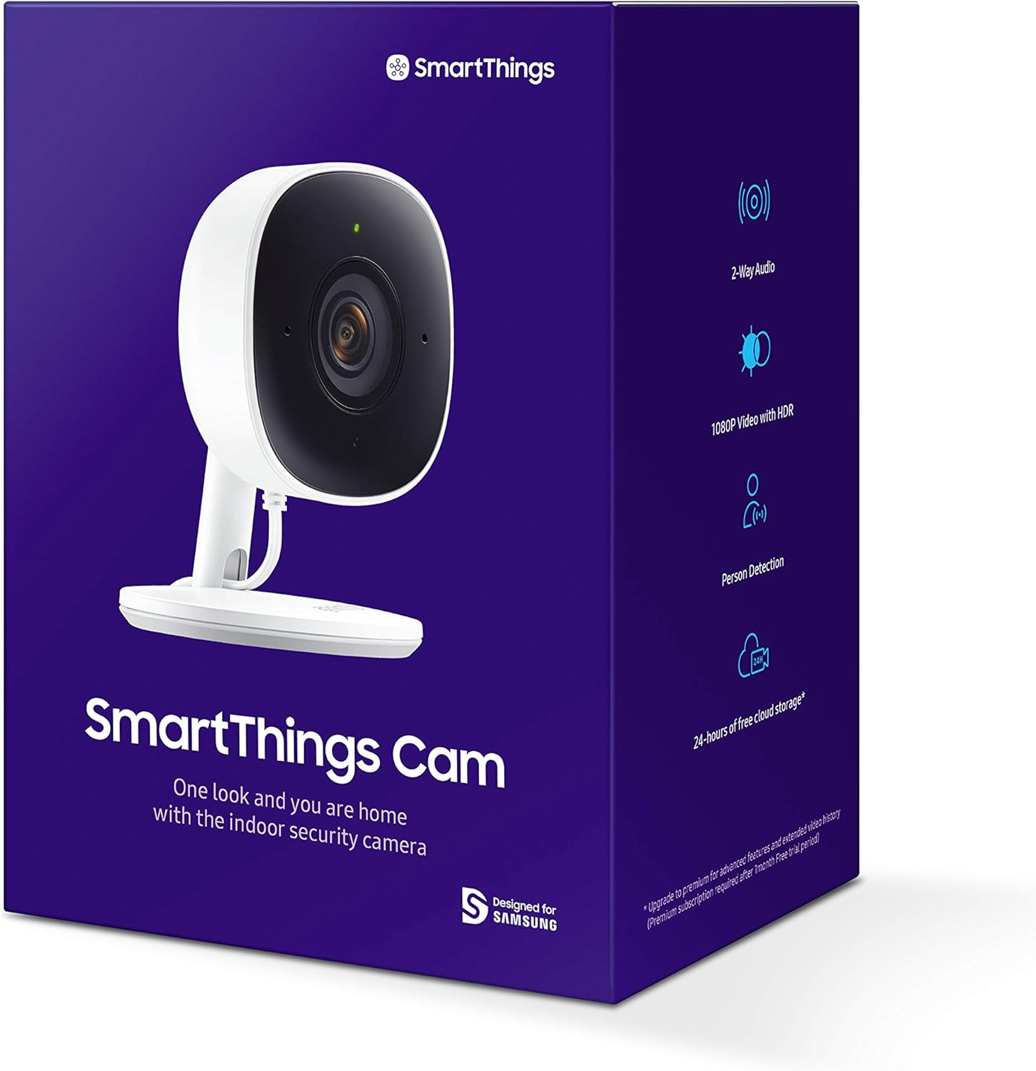 Samsung SmartThings Indoor Security Camera (GP-U999COVLBDA), 1080P HD Video with HDR, Night Vision, Advanced Motion Detection, and Two-Way Audio – Black/White