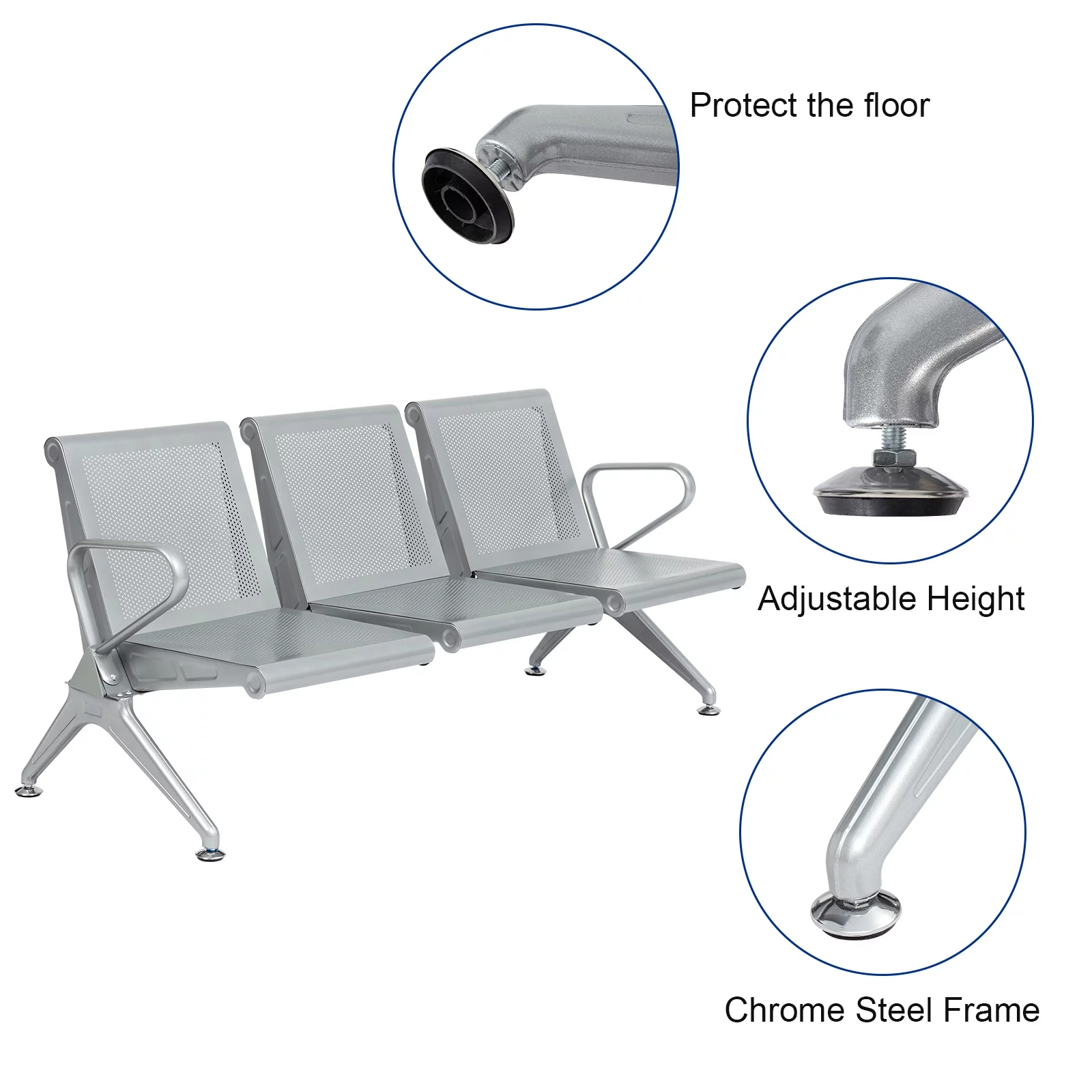 Kinbor 3-Seat Office Guest Waiting Chair Bench with Steel Frame for Bank Airport Conference Home, Silver