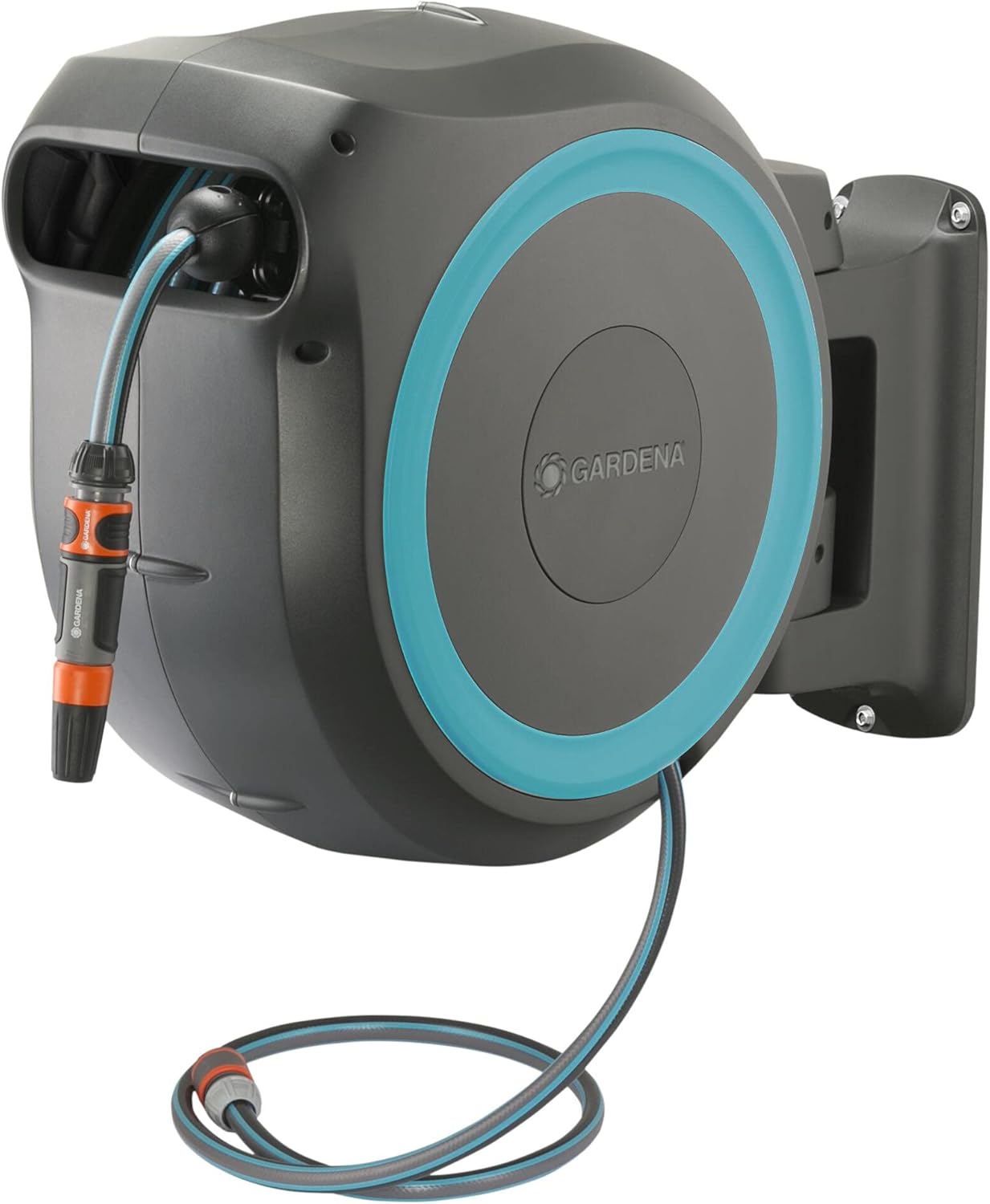 Gardena Wall Mounted Retractable Hose Reel, 115 feet, Black and Turquoise