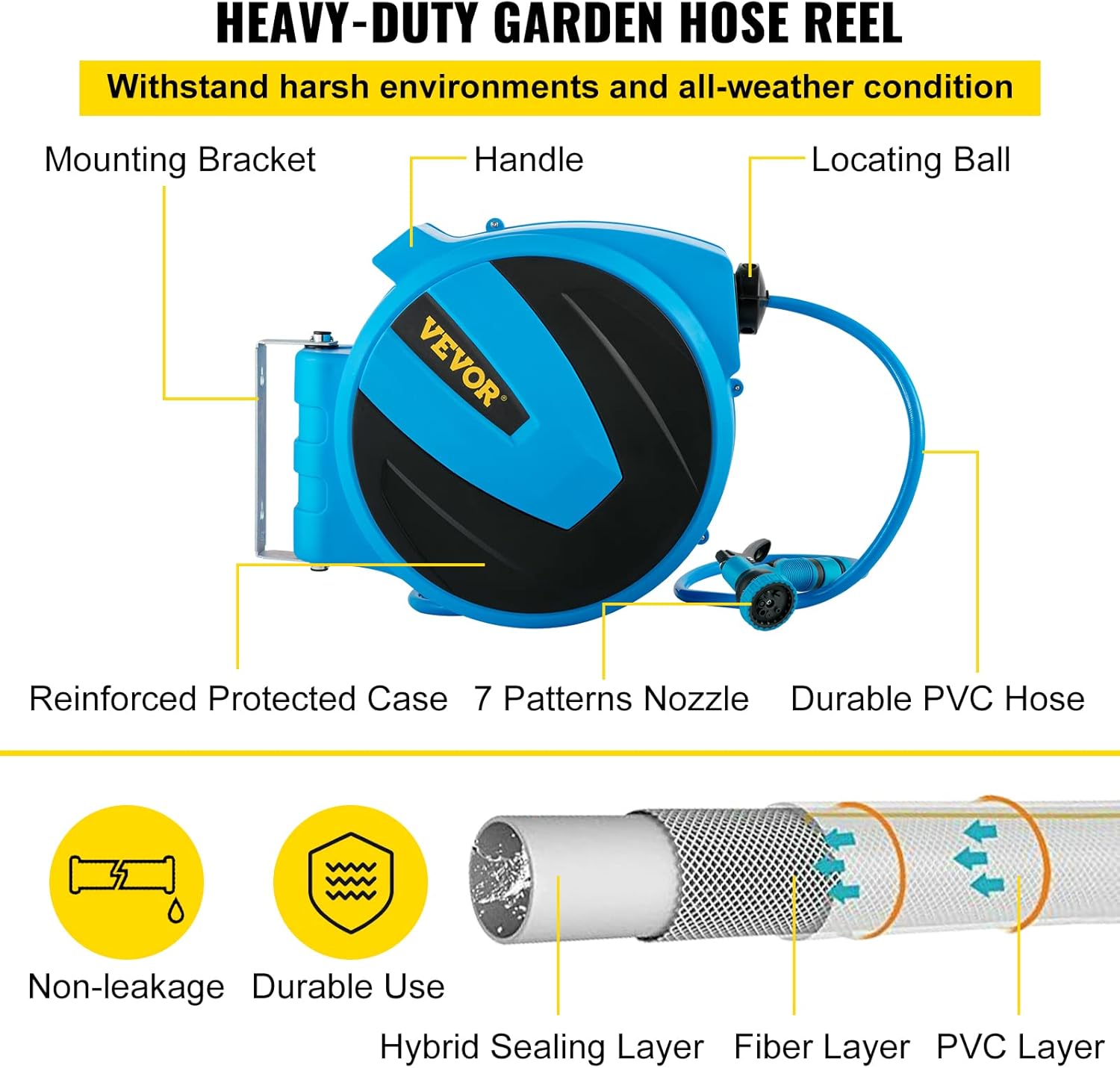 VEVOR Retractable Hose Reel, 1/2 inch x 75 ft, Any Length Lock & Automatic Rewind Water Hose, Wall Mounted Garden Hose Reel w/ 180° Swivel Bracket and 7 Pattern Hose Nozzle, Blue