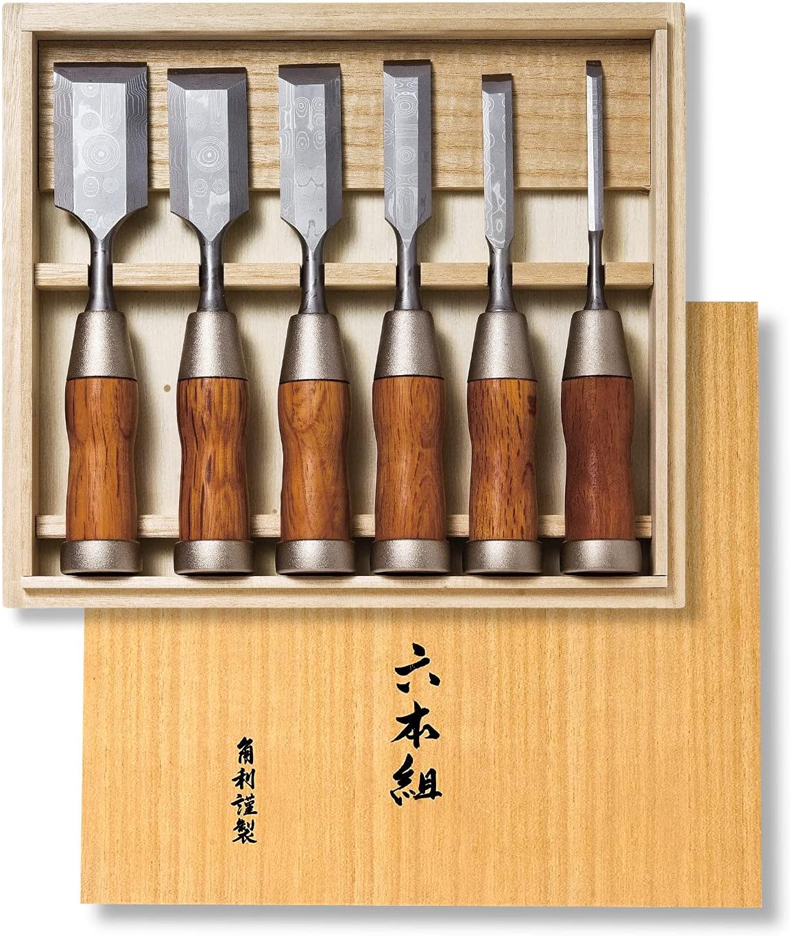 KAKURI Japanese Chisel Set 6-piece, Professional Wood Chisel Nomi for Woodworking, Mortising, Carving, Forged Japanese Aogami Steel (Blue Paper #2) Damascus Pattern, Red Oak Handle, Made in JAPAN