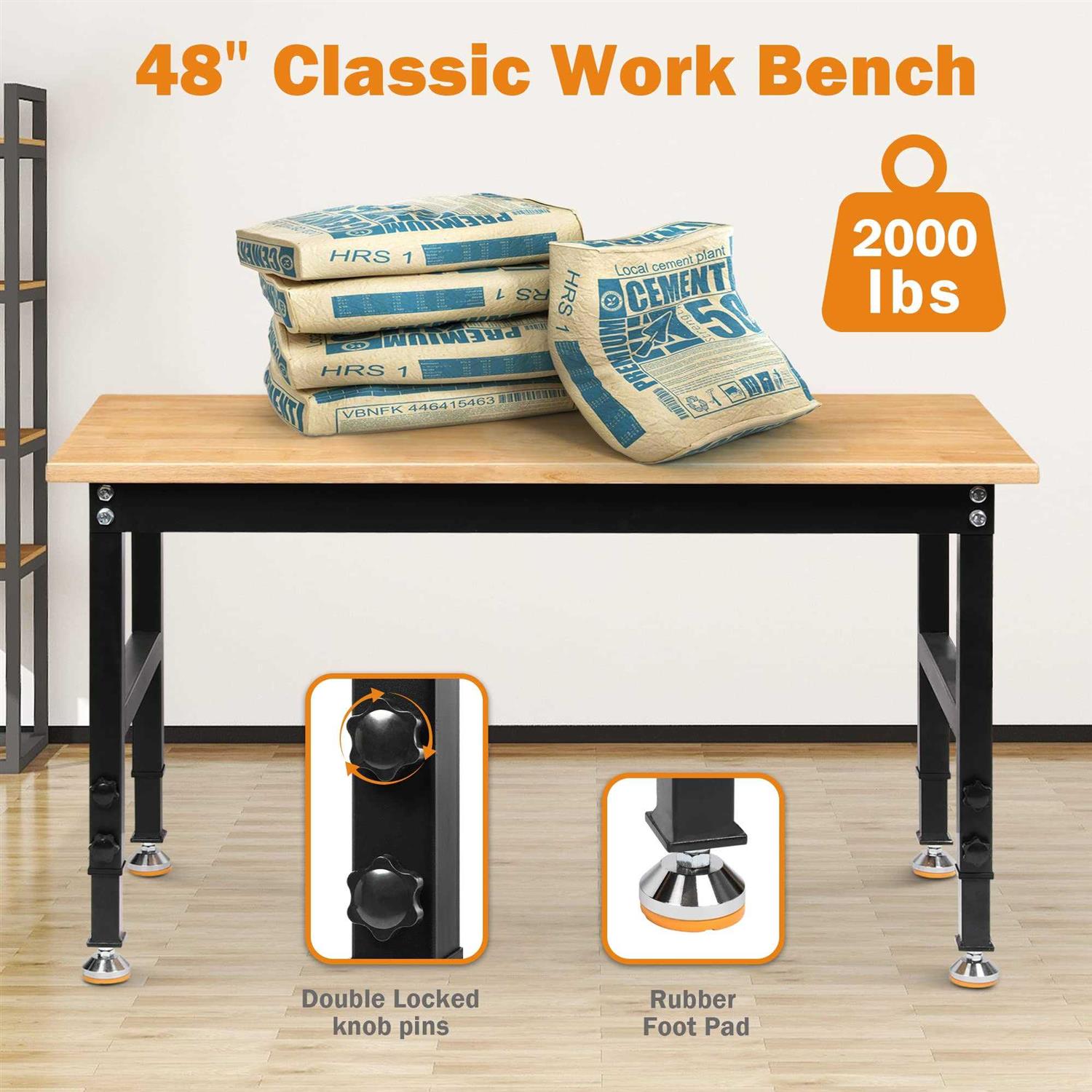 Betterhood 48 Heavy-Duty Adjustable Workbench for Garage Rubber Wood Shop Table W/Rubber Pads - Shop Hardware Tools Online Store