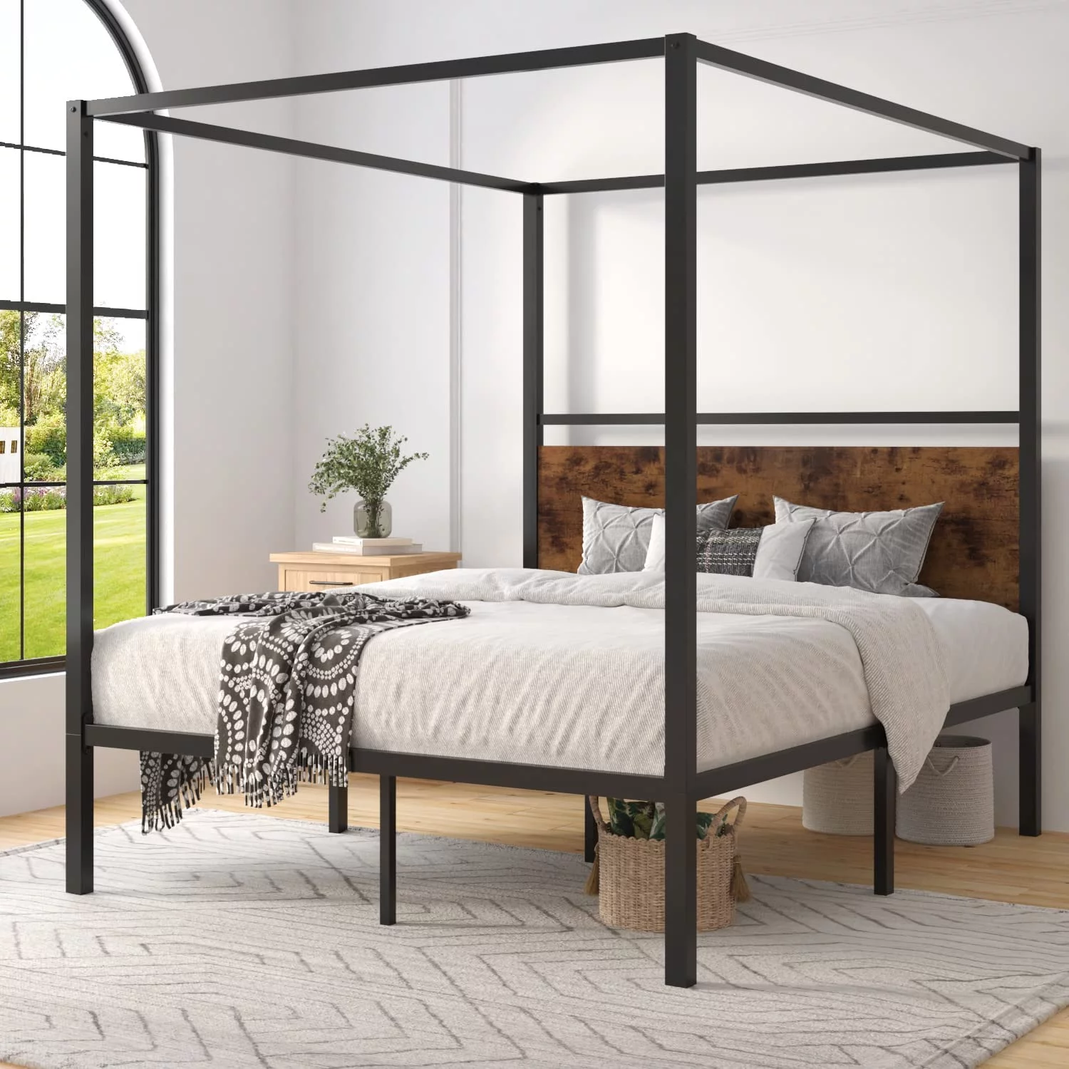 ikalido Queen Size Metal Canopy Bed Frame with Wooden Headboard  Classic Design Canopy Bed with 4 Sturdy Posters  Noise Free/ No Box Spring Needed/ Industrial Brown