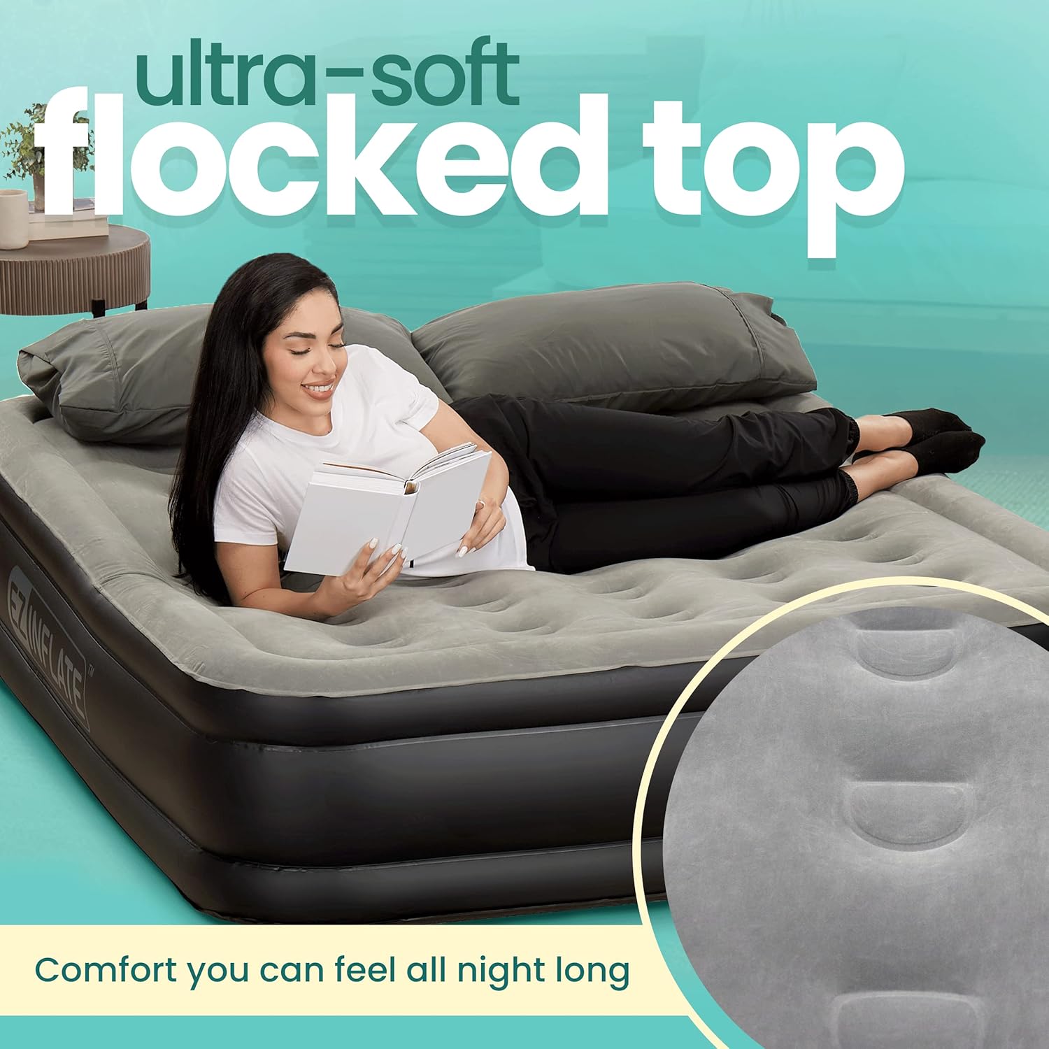 EZ Inflate Air Mattress with Built in Pump - Queen Size Double-High Inflatable Mattress with Flocked Top - Easy Inflate, Waterproof, Portable Blow Up Bed for Camping & Travel