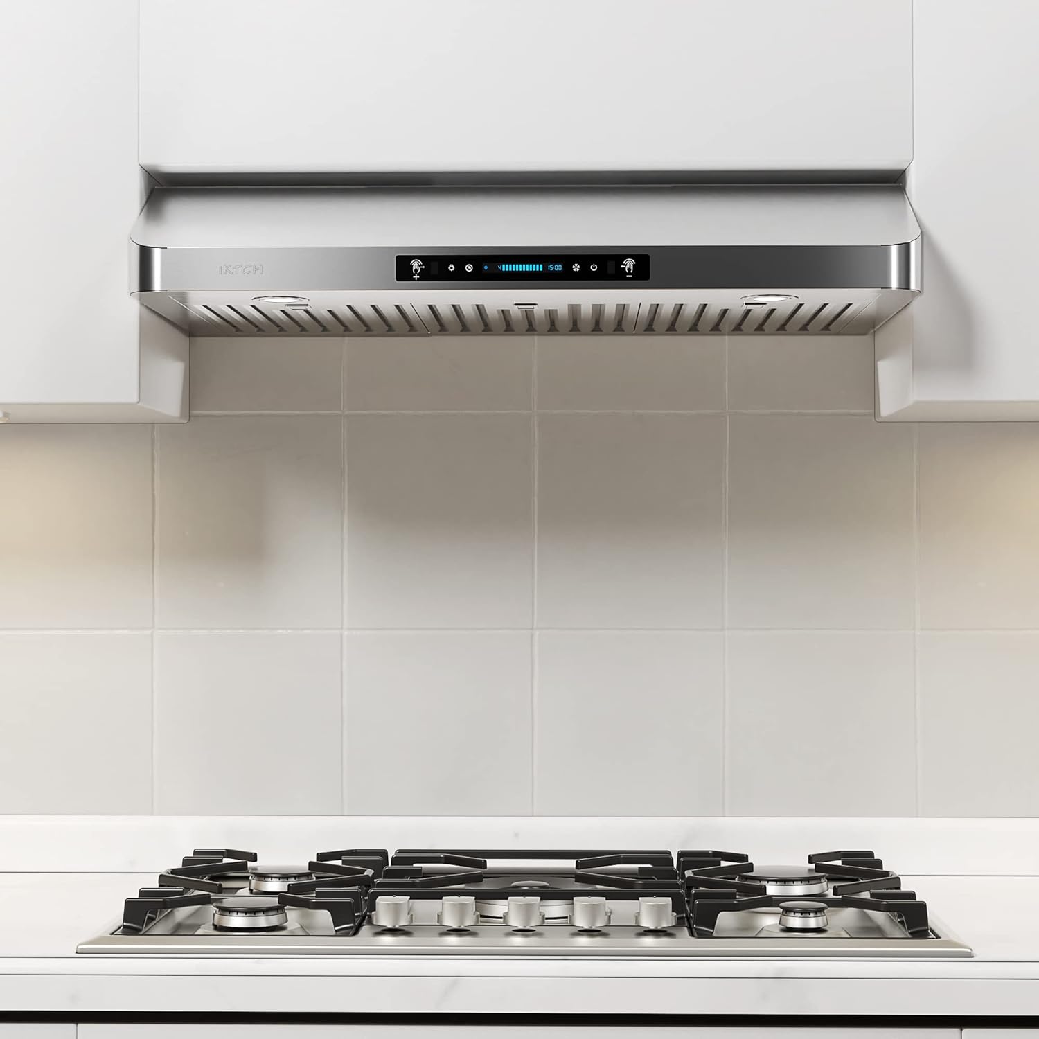 IKTCH 42 Inch Under Cabinet Range Hood with 900-CFM, 4 Speed Gesture Sensing&Touch Control Panel, Stainless Steel Kitchen Vent with 3 Pcs Baffle Filters(IKC01-42)