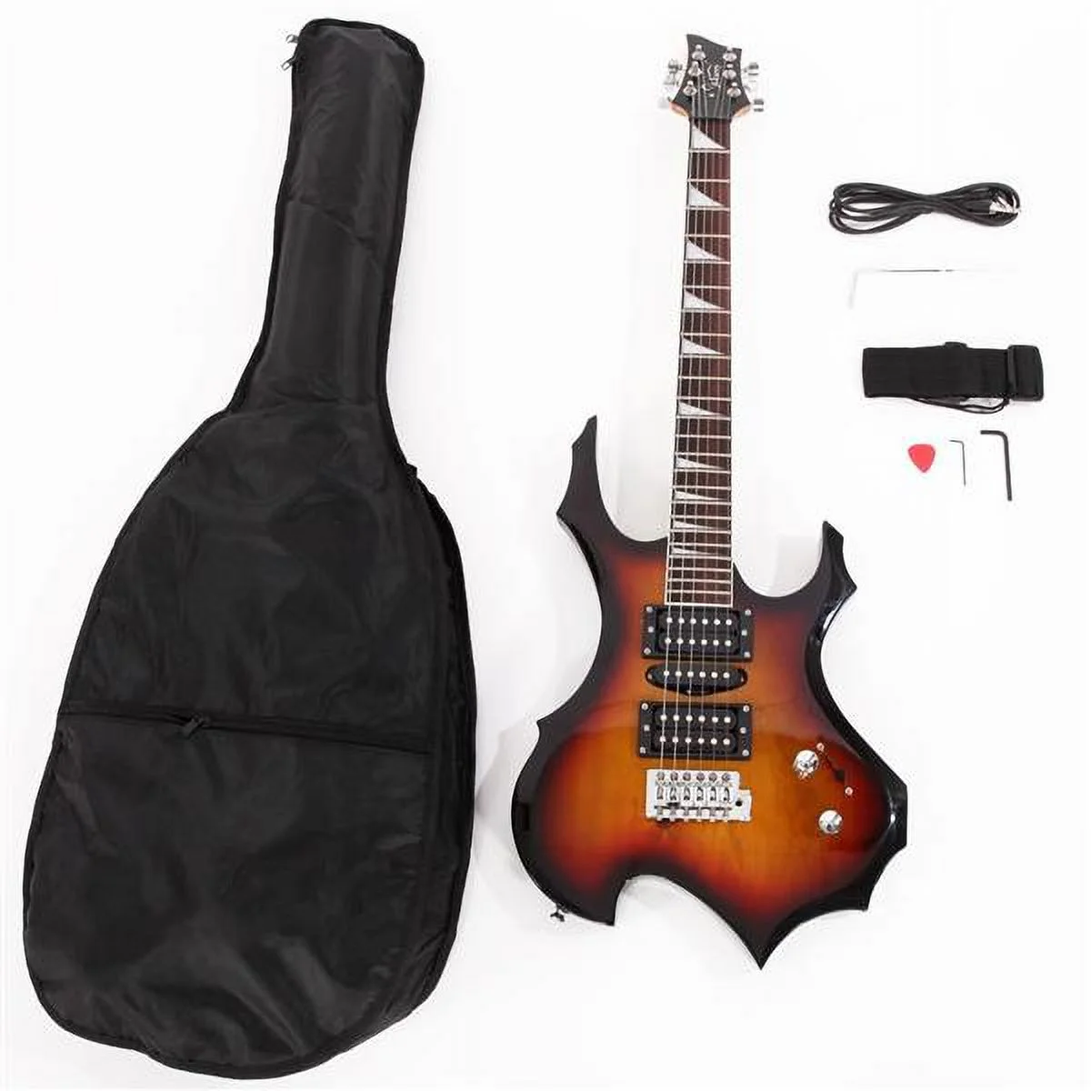 Fithood Glarry Flame Shaped Electric Guitar with 20W Electric Guitar Sound HSH Pickup Novice Guitar Audio Bag Strap Picks Shake Cable Wrench Tool Sunset Color