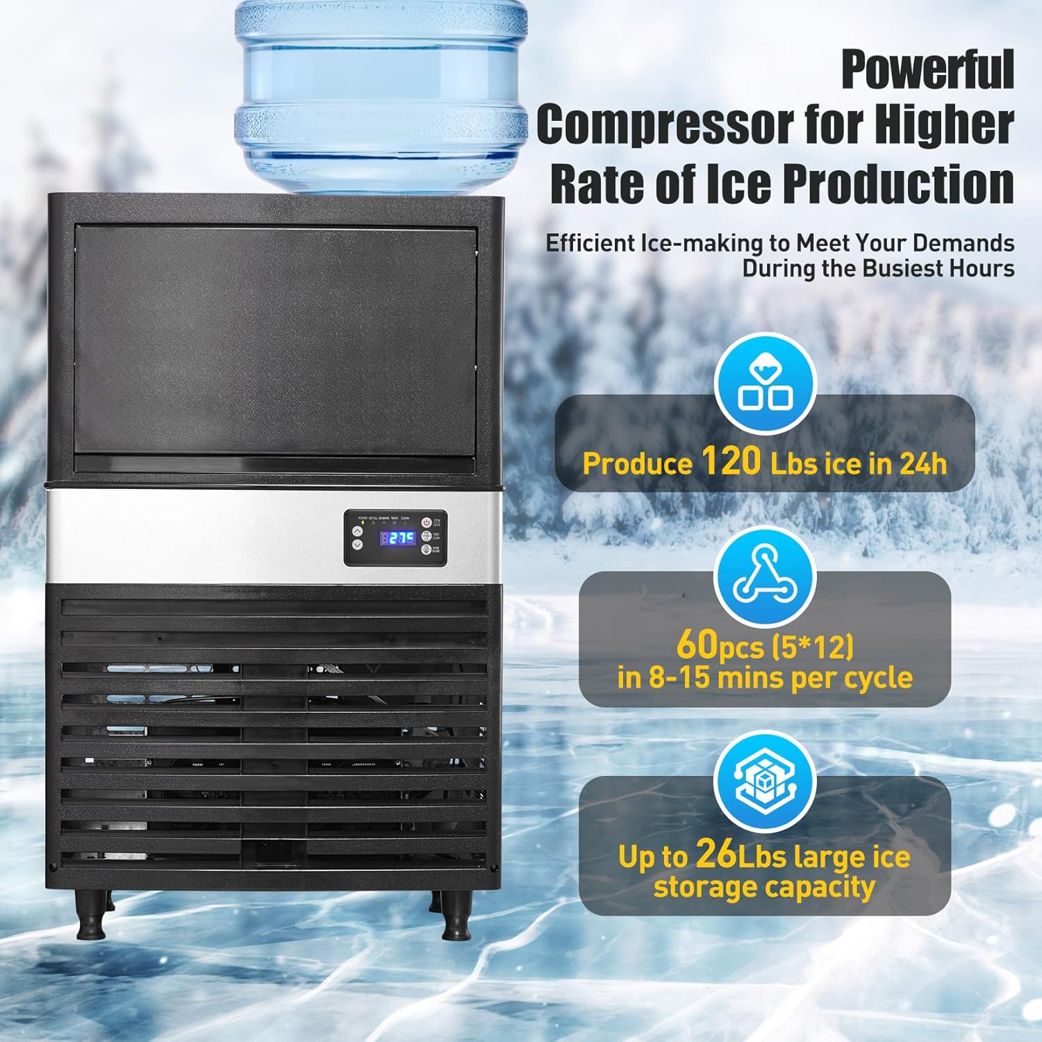 Commercial Ice Maker Machine 120Lbs/24H with 26Lbs Storage Capacity, 60Pcs/Cycle Ice Cubes, Stainless Steel Under Counter Freestanding Ice Machine, 2 Water Inlet Modes