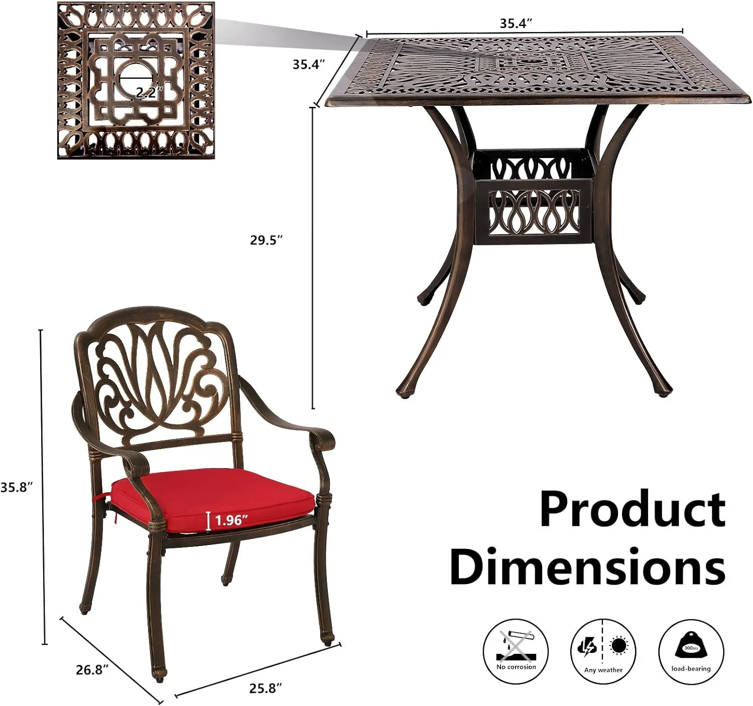 Haverchair 5 Piece Cast Aluminum Patio Dining Set Outdoor Furniture Set Patio Garden Set with 4 Dining Chairs with Red Cushion, 1 Patio Square Table, 2.2" Umbrella Hole Antique Bronze