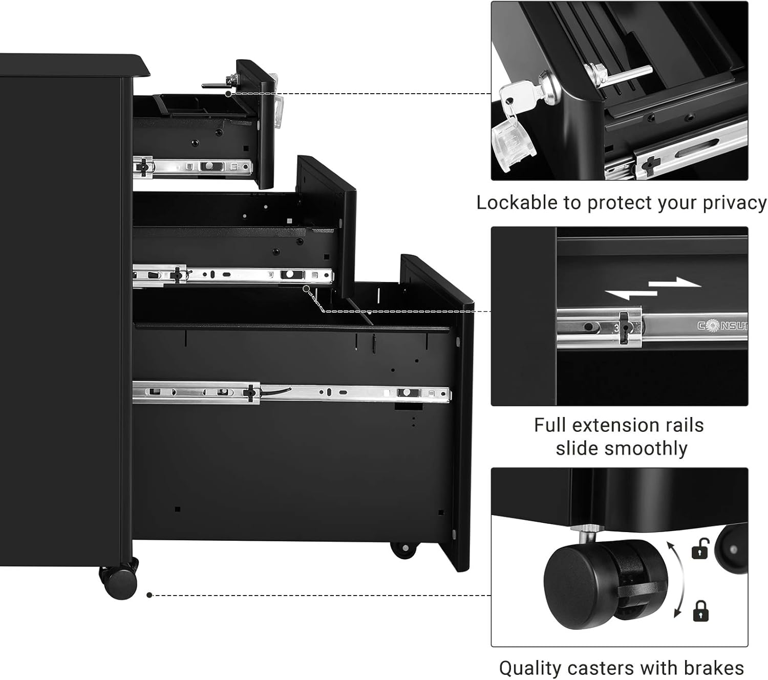 SONGMICS File Cabinet , Steel Filing Cabinet with 3 Drawer, Mobile Pedestal Cabinet Under Desk, with Lock, Fully Assembled Except Casters, Black UOFC030B01