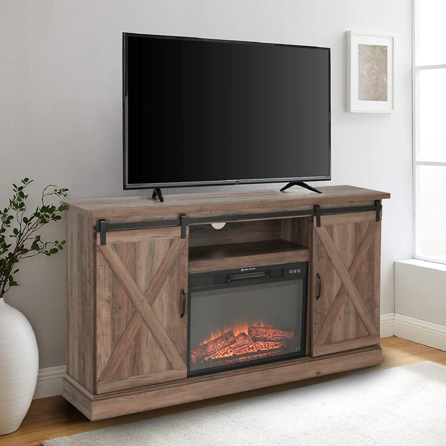 Sophia & William Farmhouse Electric Fireplace TV Stand for TV's Up to 65, Accent Decorative Barn Door Storage Cabinet Chest with 23 Insert Fireplace for Living Room Bedroom Home Office, Burlywood