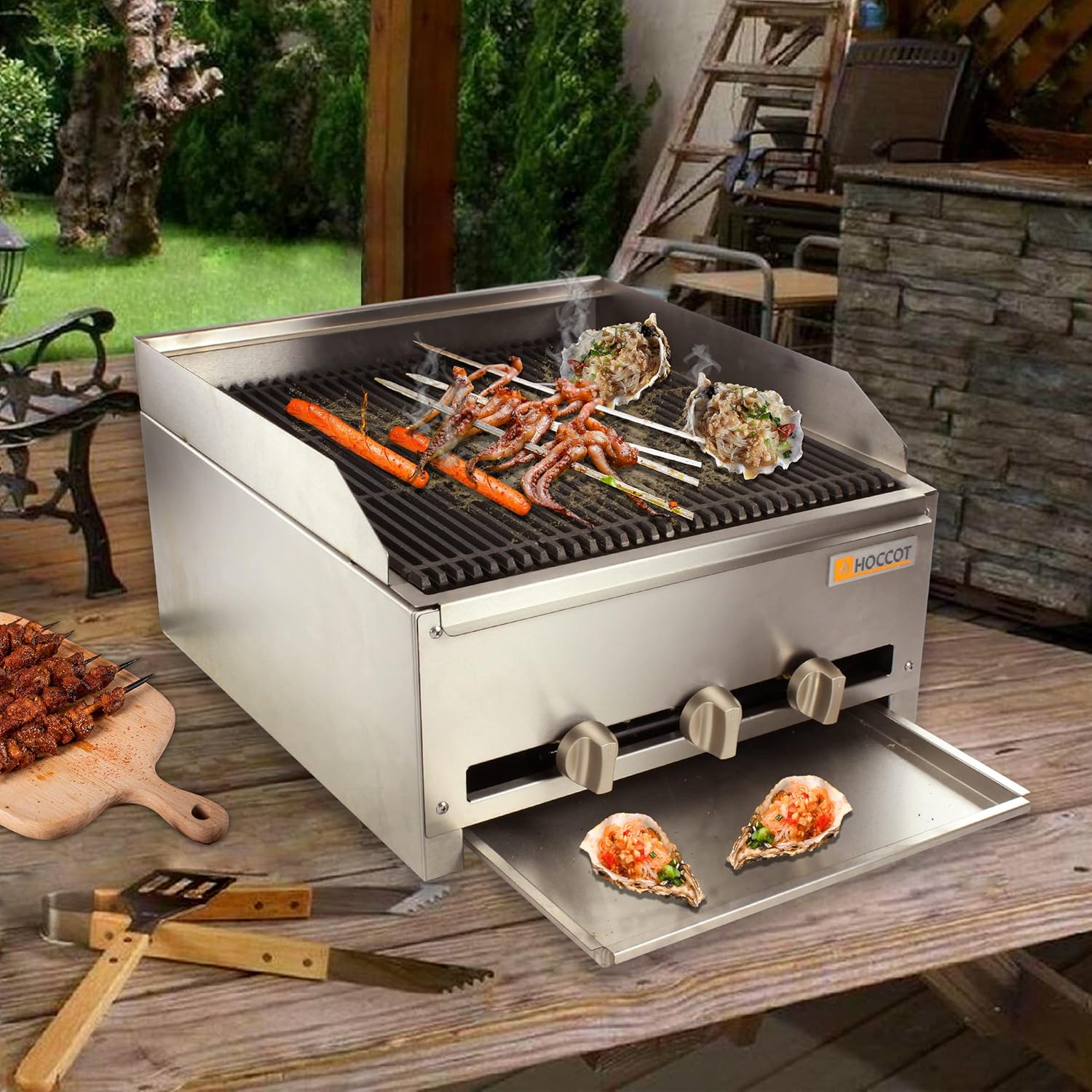 HOCCOT 32" Commercial Gas Grill Radiant Char Broiler, Stainless Steel Natural Gas Char-Broiler with Grill for Restaurant Equipment BBQ