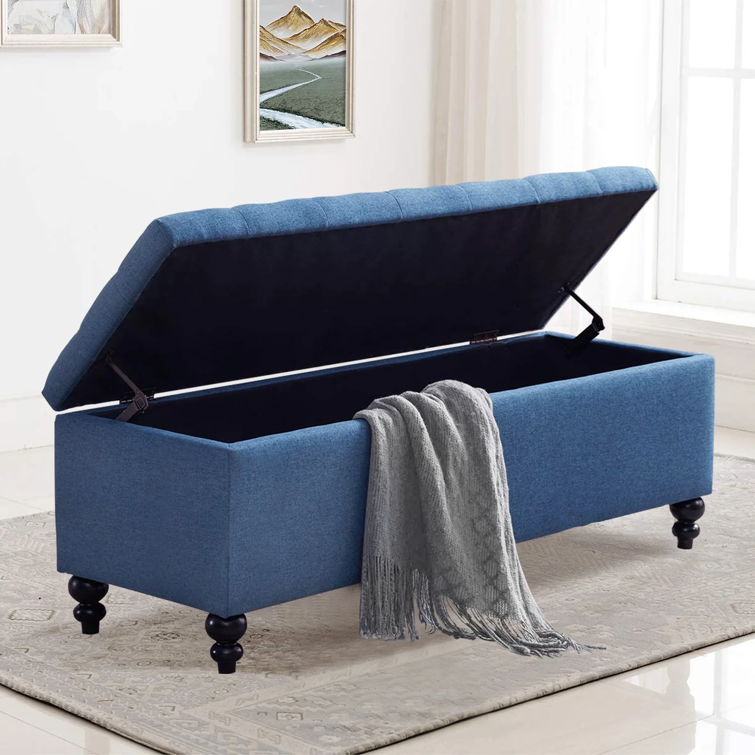 Kinmars 50.2" Ottoman with Storage, Large Storage Bench with Button-Tufted, Safety Hinge Ottoman in Upholstered Fabrics for Bedroom, Living Room(Blue)