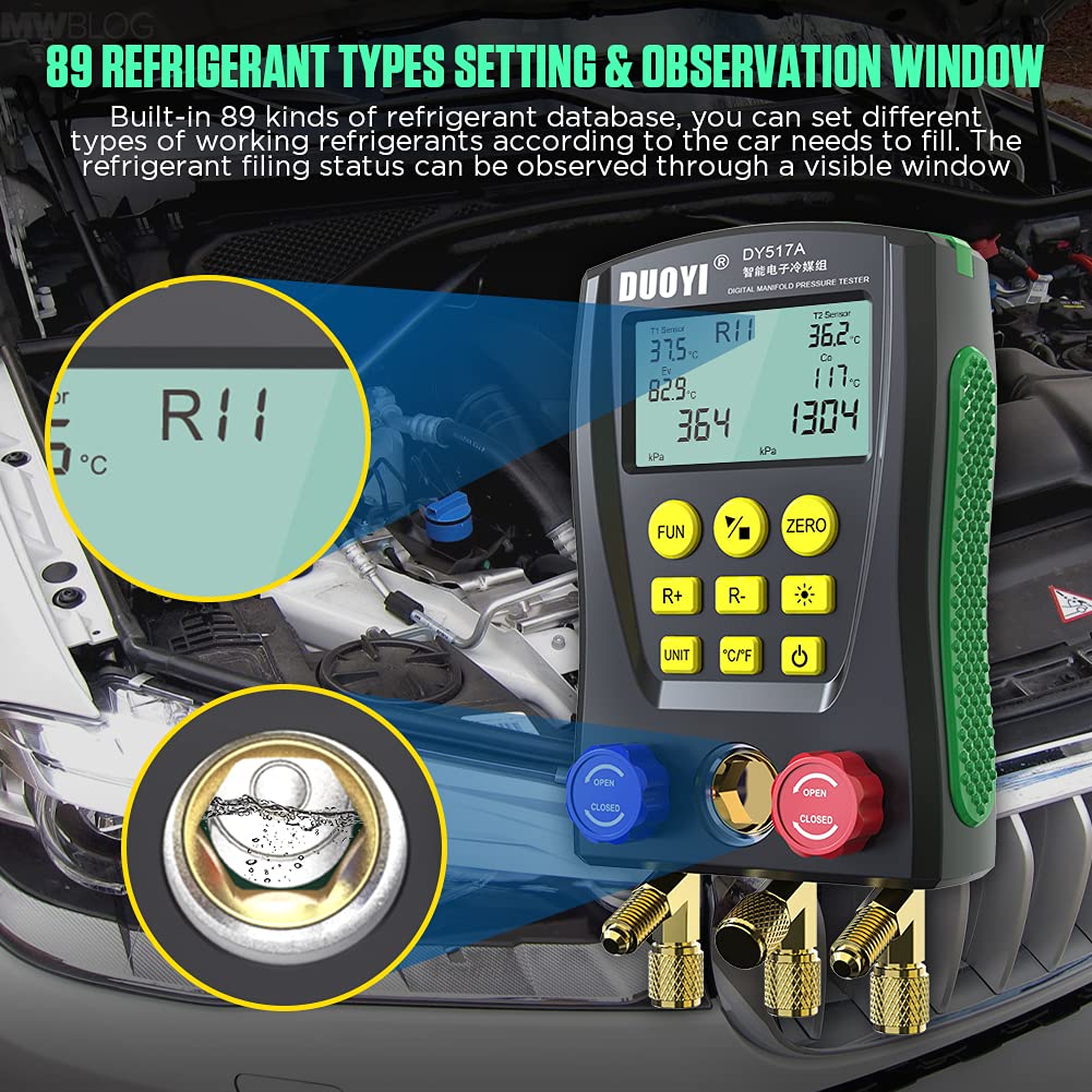 Digital Manifold Gauge Set Pressure&Temp Test HVAC Manifold Pressure Leak Test Digital Refrigerant Gauges Vacuum HVAC Gauges with Refrigerant Hoses&Temperature Clamps&LCD Display for Air Conditioning
