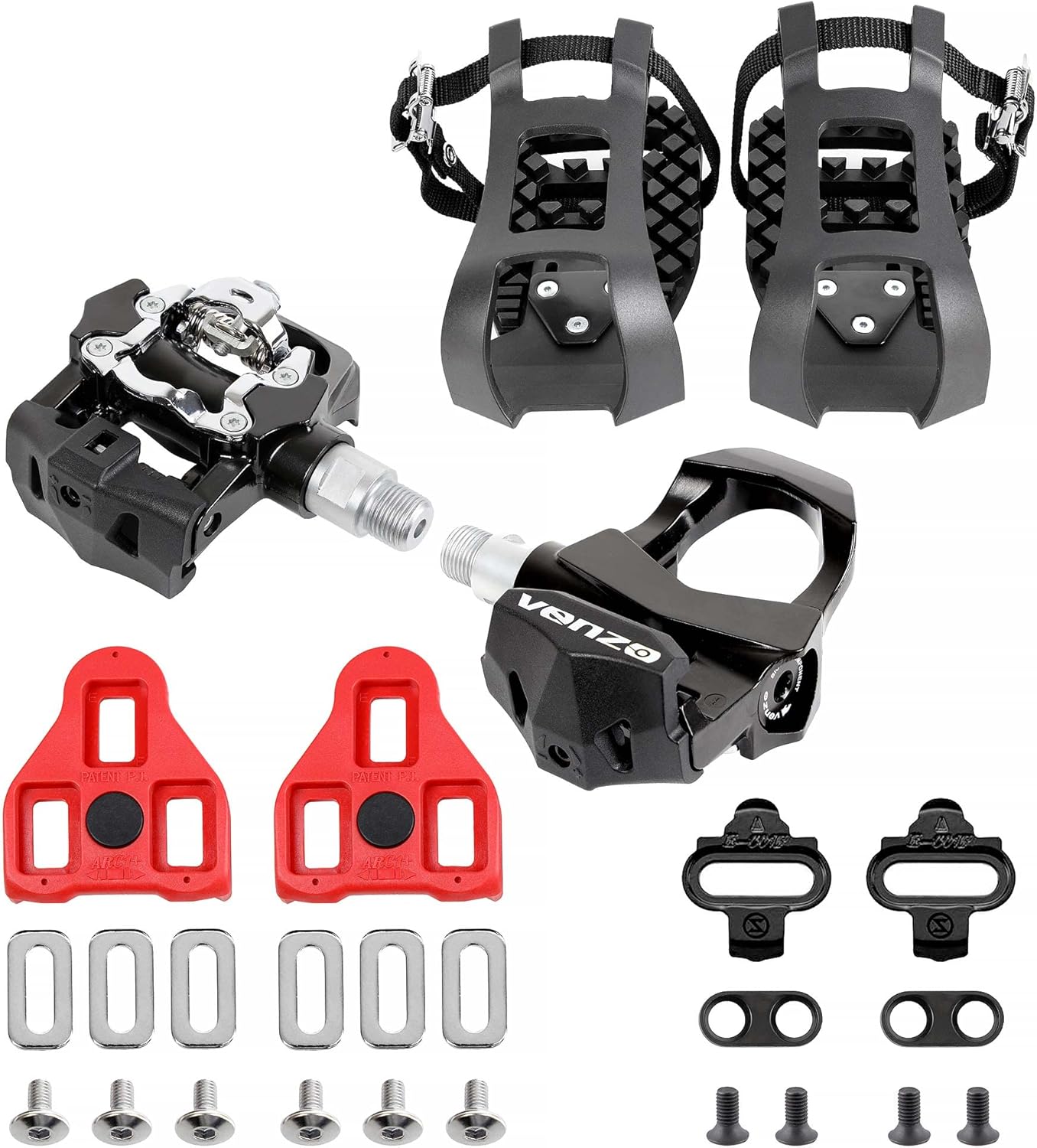 VENZO 3 in 1 Look Delta, Toe Cage, SPD Spin Bike Bicycle Pedals - Compatible with Peloton Shimano SPD - Fitness Exercise Indoor Cycling Pedals