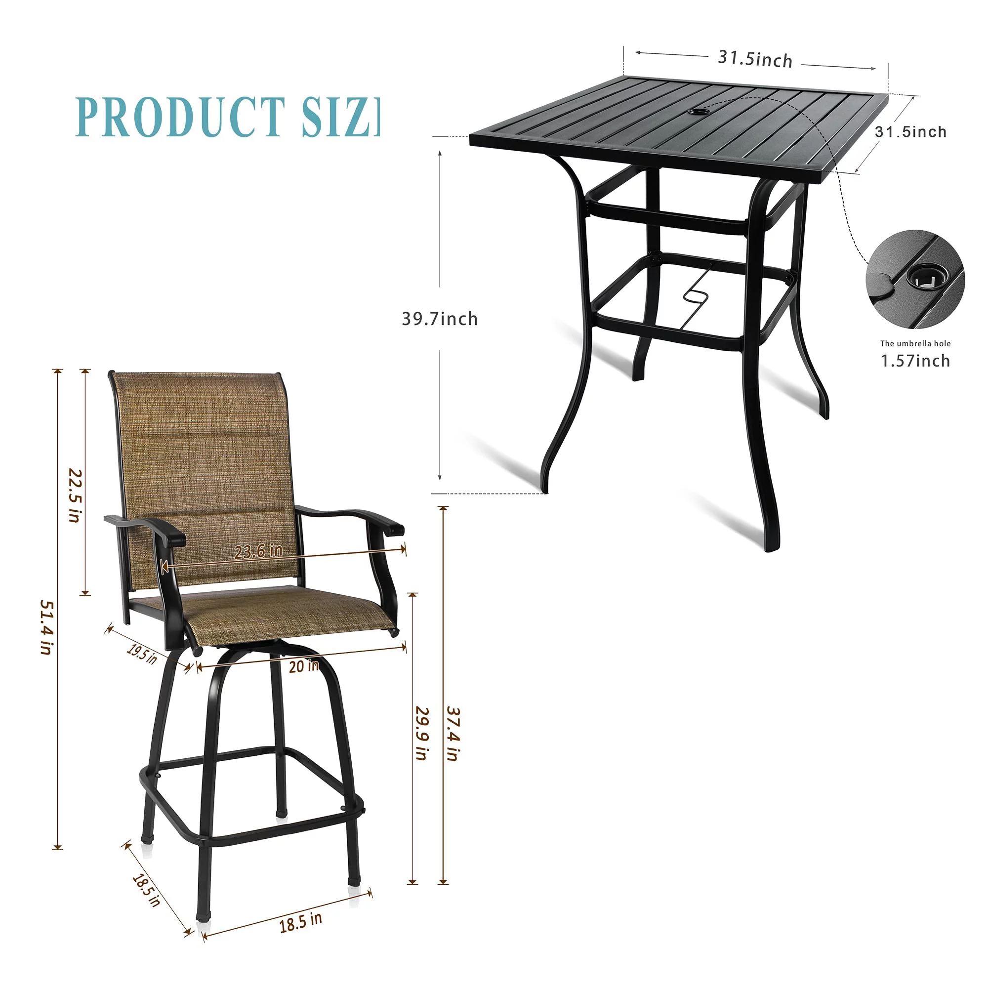 Bigroof 5-Piece Outdoor Textile Bar Set with Swivel Bar Stools Extra Wide Modern Patio Furniture Suitable for Patio Garden Porch Dining room, black, Steel