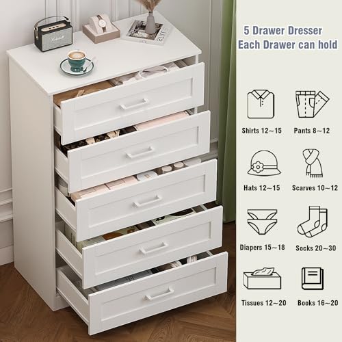 White Wood Dresser for Bedroom with 5 Drawers, Tall Storage Chest of Drawers, Modern Solid Wood Dresser Cabinet for Closet, Nursery, Entryway, Girls Room, Kids Room, Hallway, Living Room