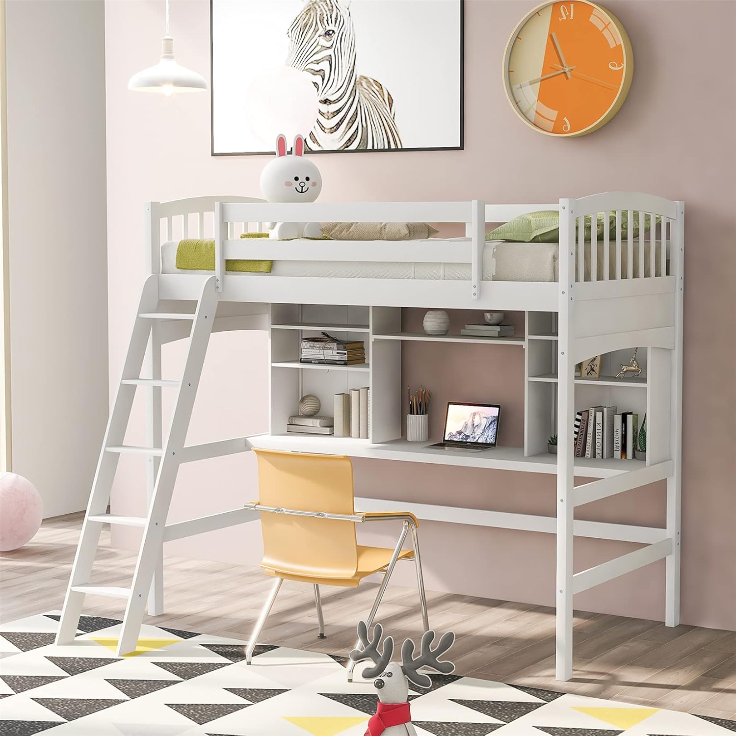 Kids Loft Beds, Twin Loft Bed with Desk, Wood High Loft Bed with Bookcase Shelves for Dorm, Boys & Girls Teens Adults, White