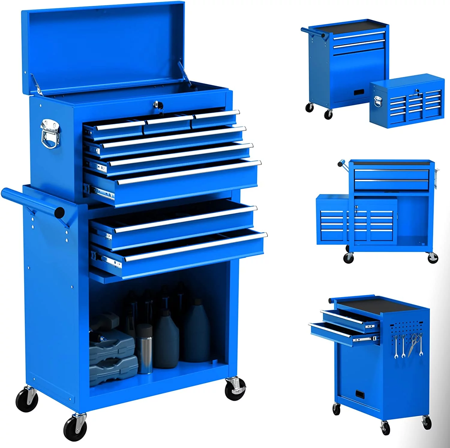 Rolling Tool Chest with Wheels and 8 Drawers, Detachable Large Toolbox Storage Cabinet with Lock,Locking Mechanic Tool Cart for Warehouse, Workshop,Garage,Blue