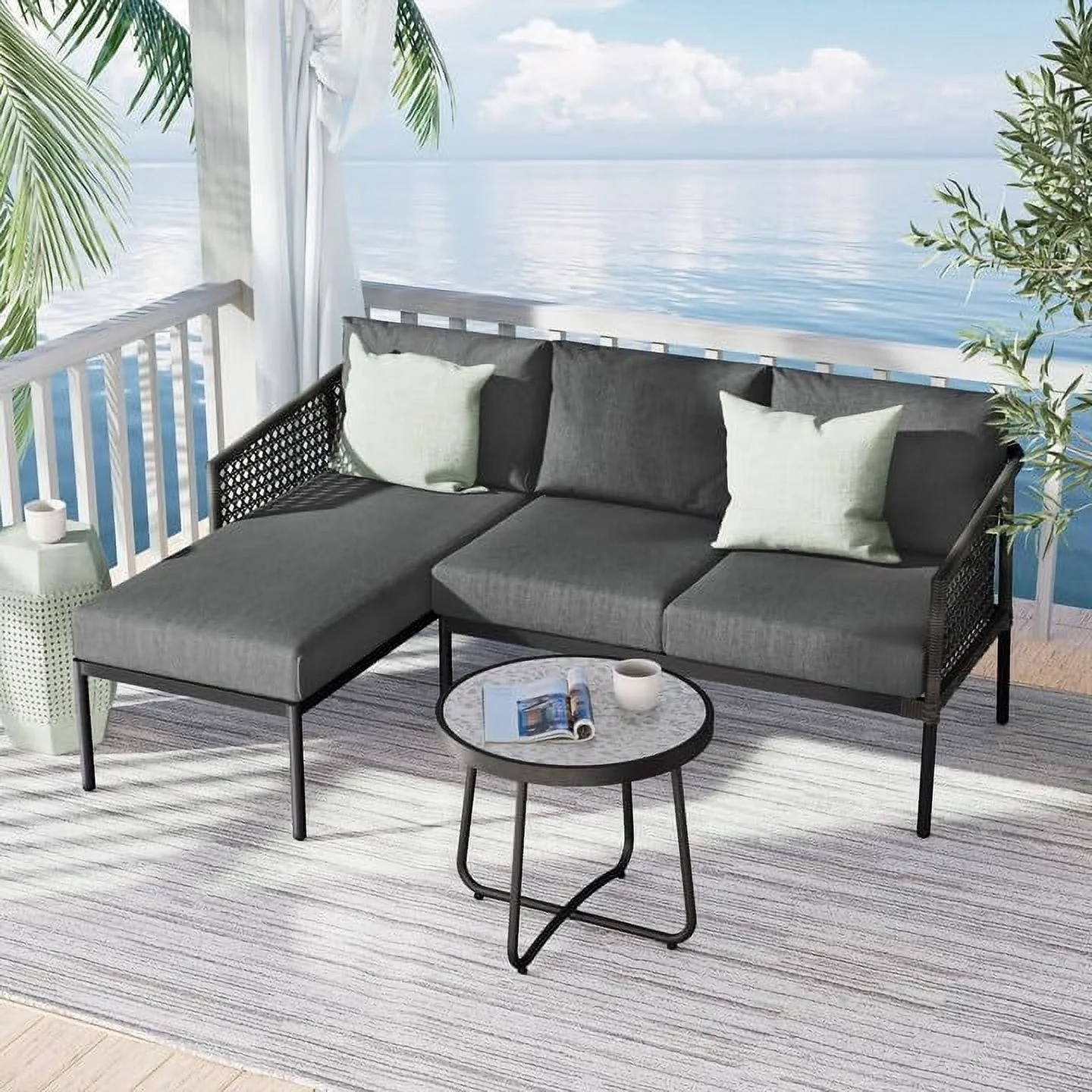 Grand Patio 3-Piece Patio Furniture Small Sectional Sofa Set All-Weather Wicker Conversation Set for Outdoor Garden Backyard with Cushions, Side Table, Gray