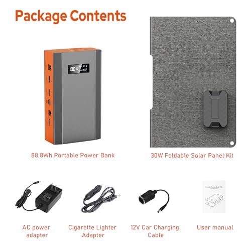 ZeroKor Portable Solar Power Bank with AC Outlet 65W 110V Portable Laptop Charger 24000mAh Battery Pack for Outdoor Tent Camping Home Office