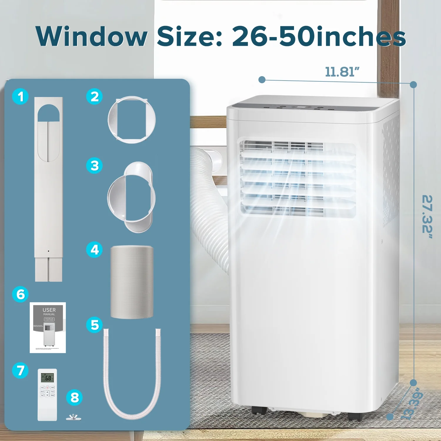 Auseo 5,000 BTU(8,000 BTU ASHRAE) Portable Air Conditioners, 3 in 1 Modes, Remote Control & Window Kit, Quiet AC Unit for Room/Office-White