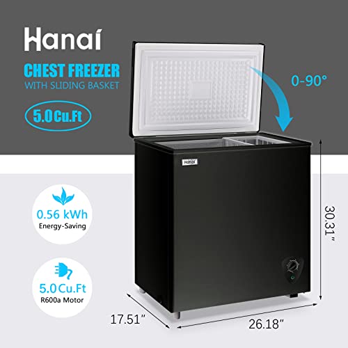 Chest Freezer Small Deep Freezer White Top Door Mini Freezer with Removable Basket, Low Noise, 7 Adjustable Temperature and Energy Saving Perfect for Home Garage Basement Dorm or Apartment Business
