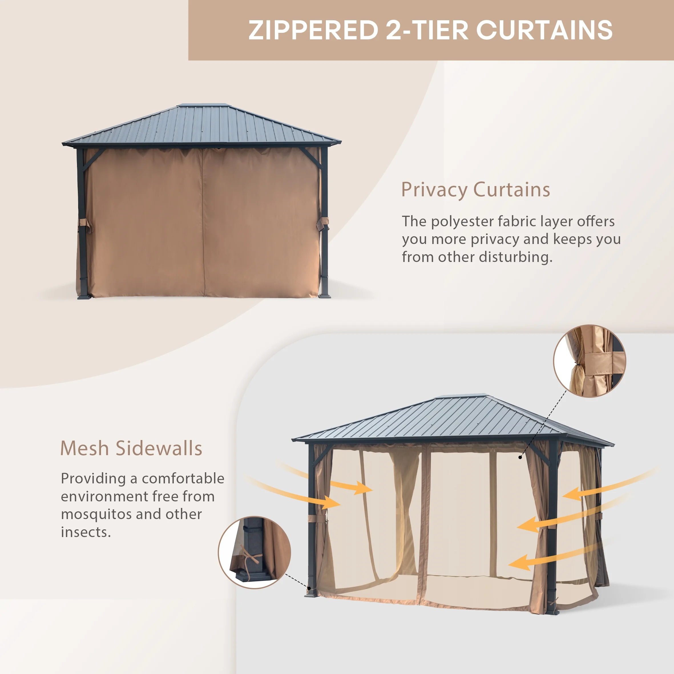 FineFind 10' x 12' Hardtop Gazebo Outdoor Metal Canopy Gazebo with Netting and Curtains for patios  all season