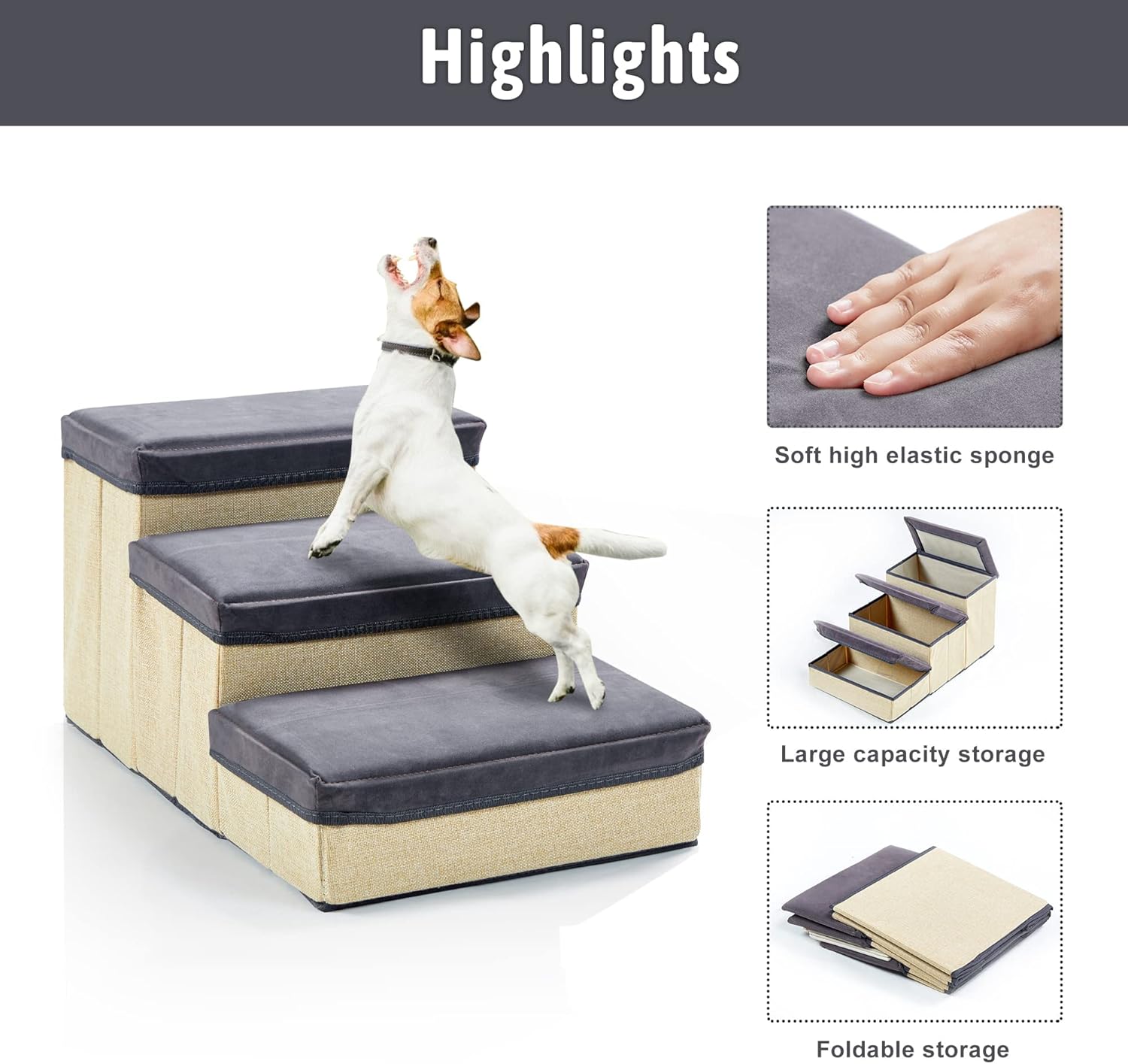 INRLKIT 3-Tier Pet Stairs, Foldable Dog Steps Dog Stairs/Ramps/Ladder for Beds Sofa, Pet Stairs for Older Dogs, Cats, Puppies, Injured Dogs, Small Dogs(Grey)