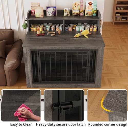 IRONCK Extra Large Dog Crate Furniture, 43.3 inches Wooden Dog Crate with Storage and 4 Hooks, Heavy Duty Pet Crate for Large Dog, Decorative Pet Cage for Indoor (30" L x 43.3" W x 41.1" H)
