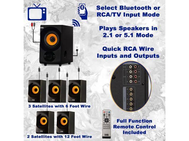 Acoustic Audio AA5170 Home Theater 5.1 Bluetooth Speaker System with FM and 2 Extension Cables