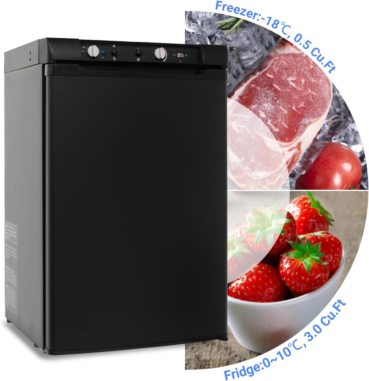 RV Propane Refrigerator with Freezer 3.5 Cu.Ft, 3 Way Fridge AC/DC/GAS Refrigerator for Camper, Cabin, Semi Truck, Van, Quiet, Black