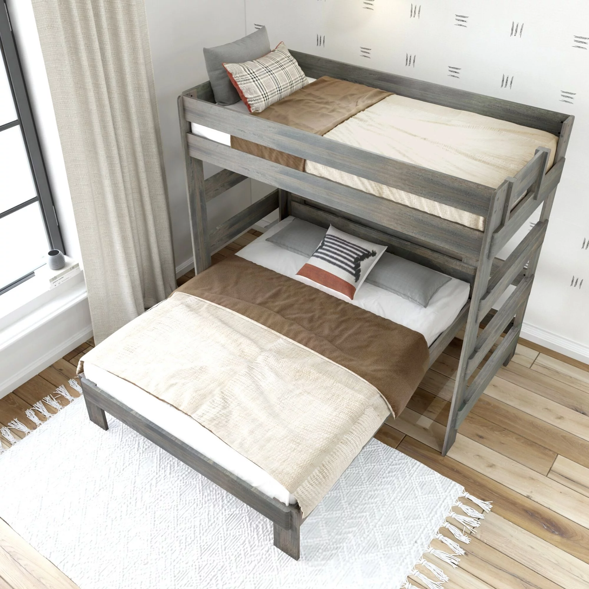 Plank+Beam Solid Wood Twin over Queen L-Shaped Bunk Bed for Adults, Driftwood
