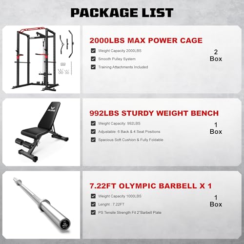 Power Cage, 2000LBS Multi-Function S11 Power Rack with LAT Pulldown, Squat Rack with Adjustable Pulley System and More Training Attachments, Weight Workout Machine for Home Gym