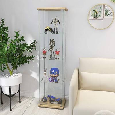 Glass Cabinet Glass Display Cabinet 4 Shelves with DOOR, Floor Standing Curio Bookshelf for Living Room Bedroom Office, 64&rdquo; x 17